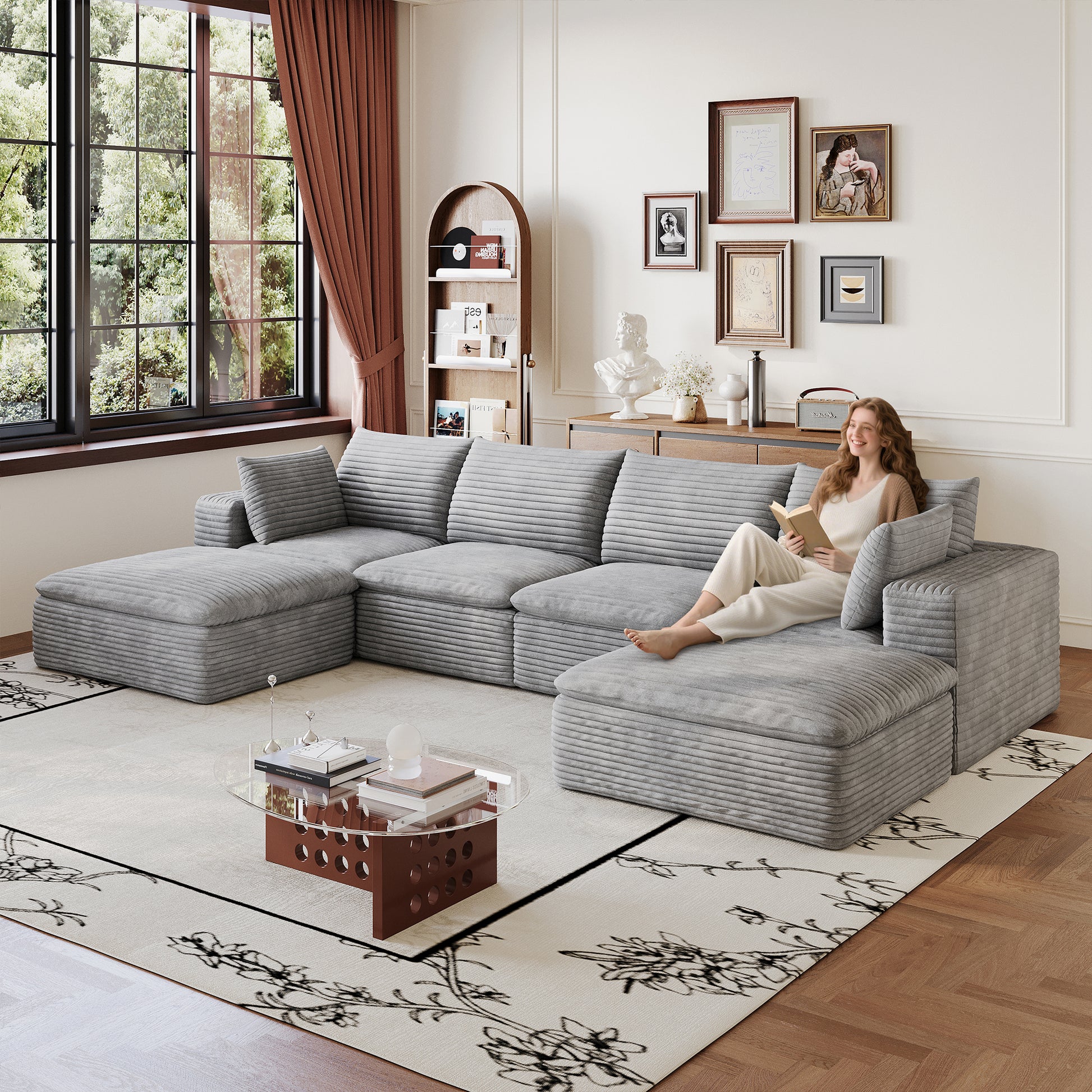 Corduroy Compression Sectional — 2/3/4/5-Seat — Grey / 4-Seat + 2 Ottomans