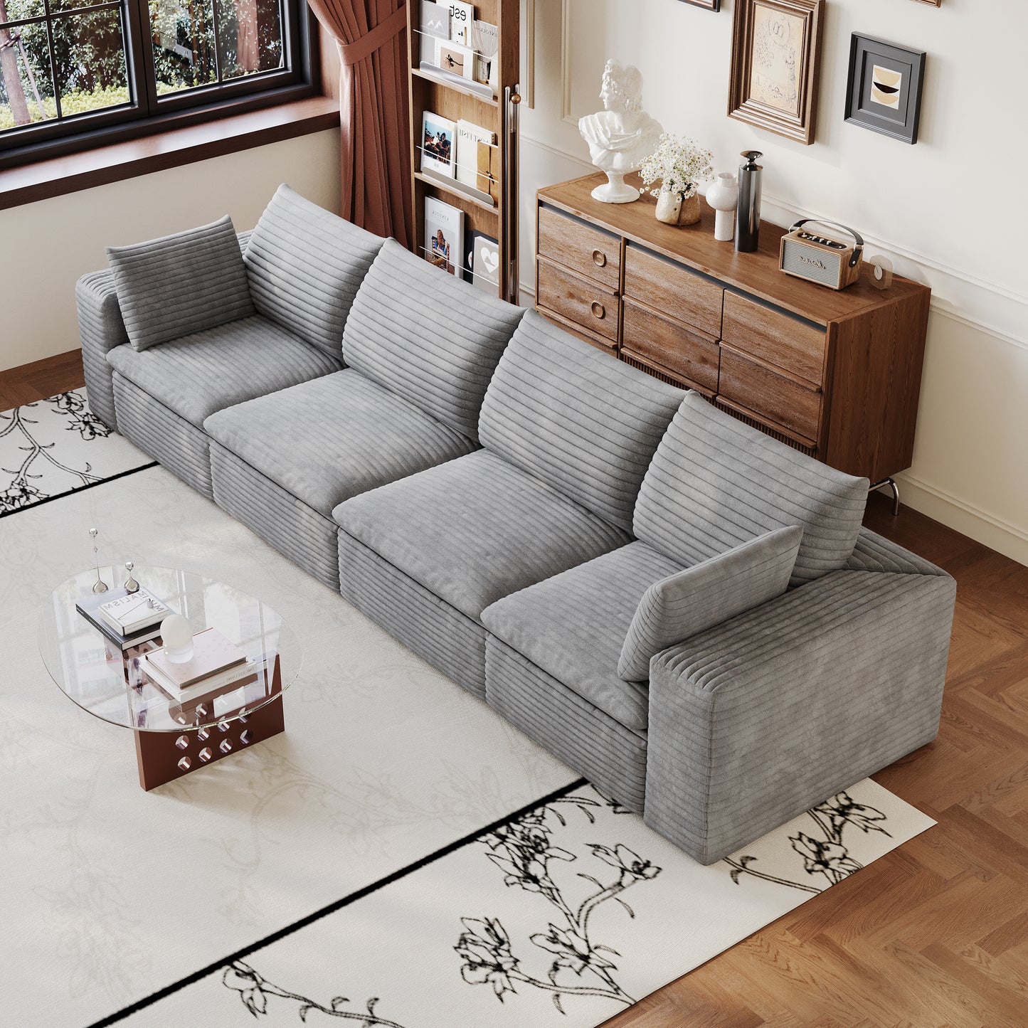 Corduroy Compression Sectional — 2/3/4/5-Seat — Grey / 4-Seat