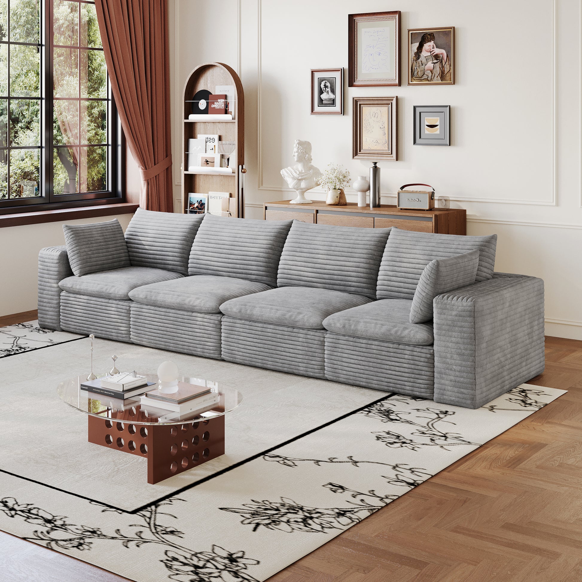 Corduroy Compression Sectional — 2/3/4/5-Seat — Grey / 4-Seat