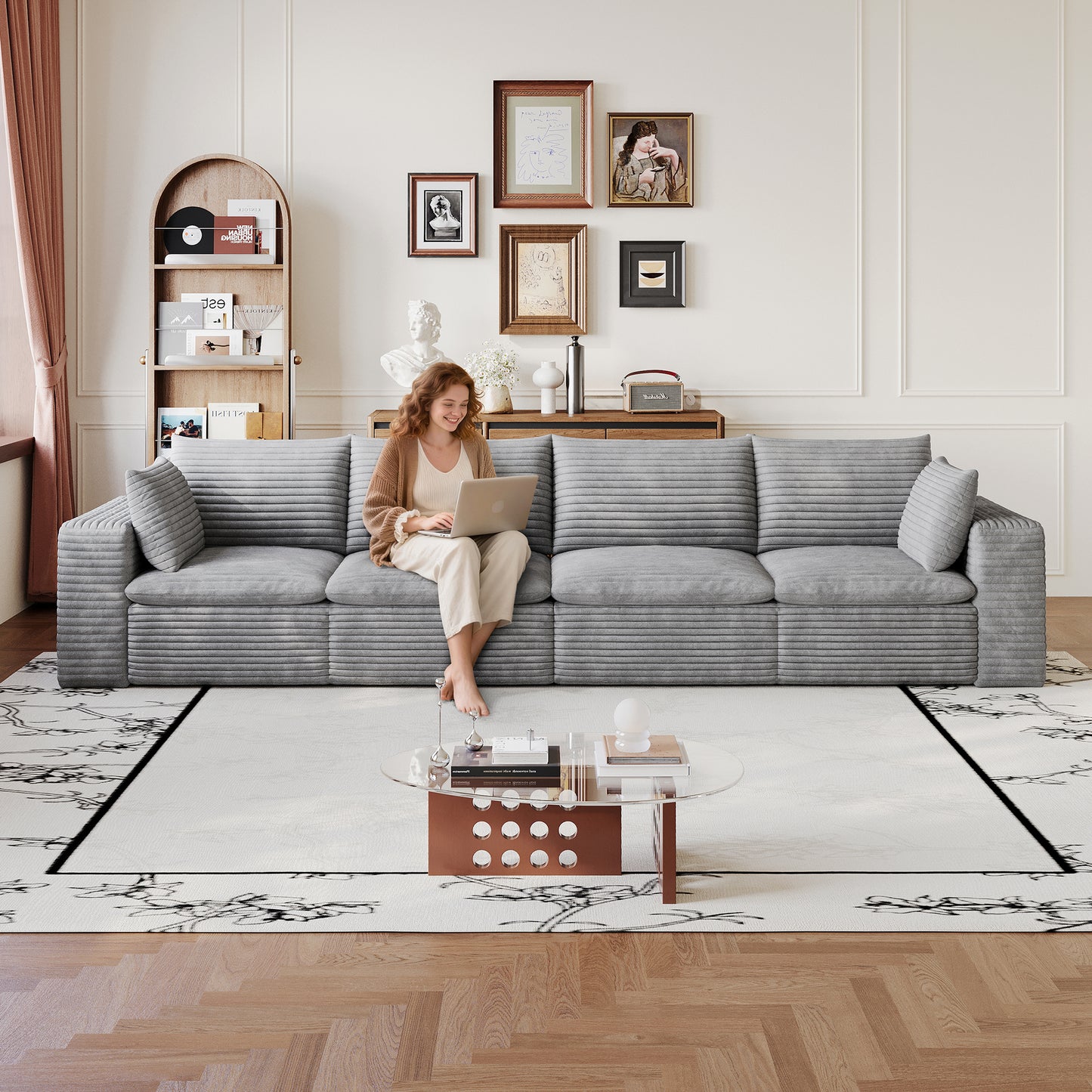 Corduroy Compression Sectional — 2/3/4/5-Seat — Grey / 4-Seat