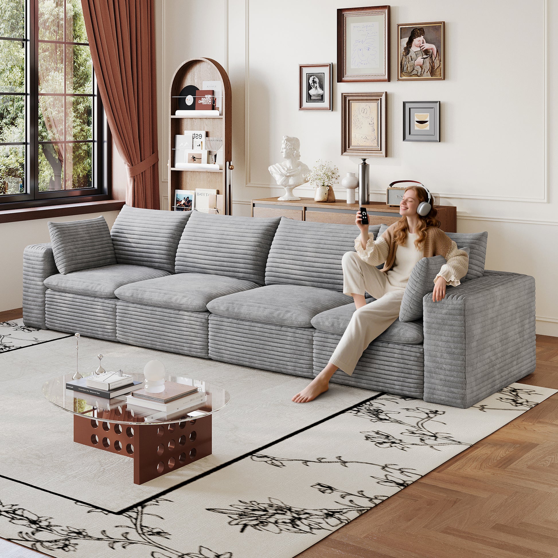 Corduroy Compression Sectional — 2/3/4/5-Seat — Grey / 4-Seat