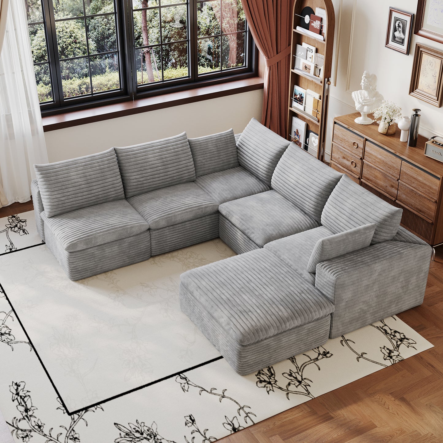 Corduroy Compression Sectional — 2/3/4/5-Seat — Grey / 5-Seat V-Shape + 1 Ottoman