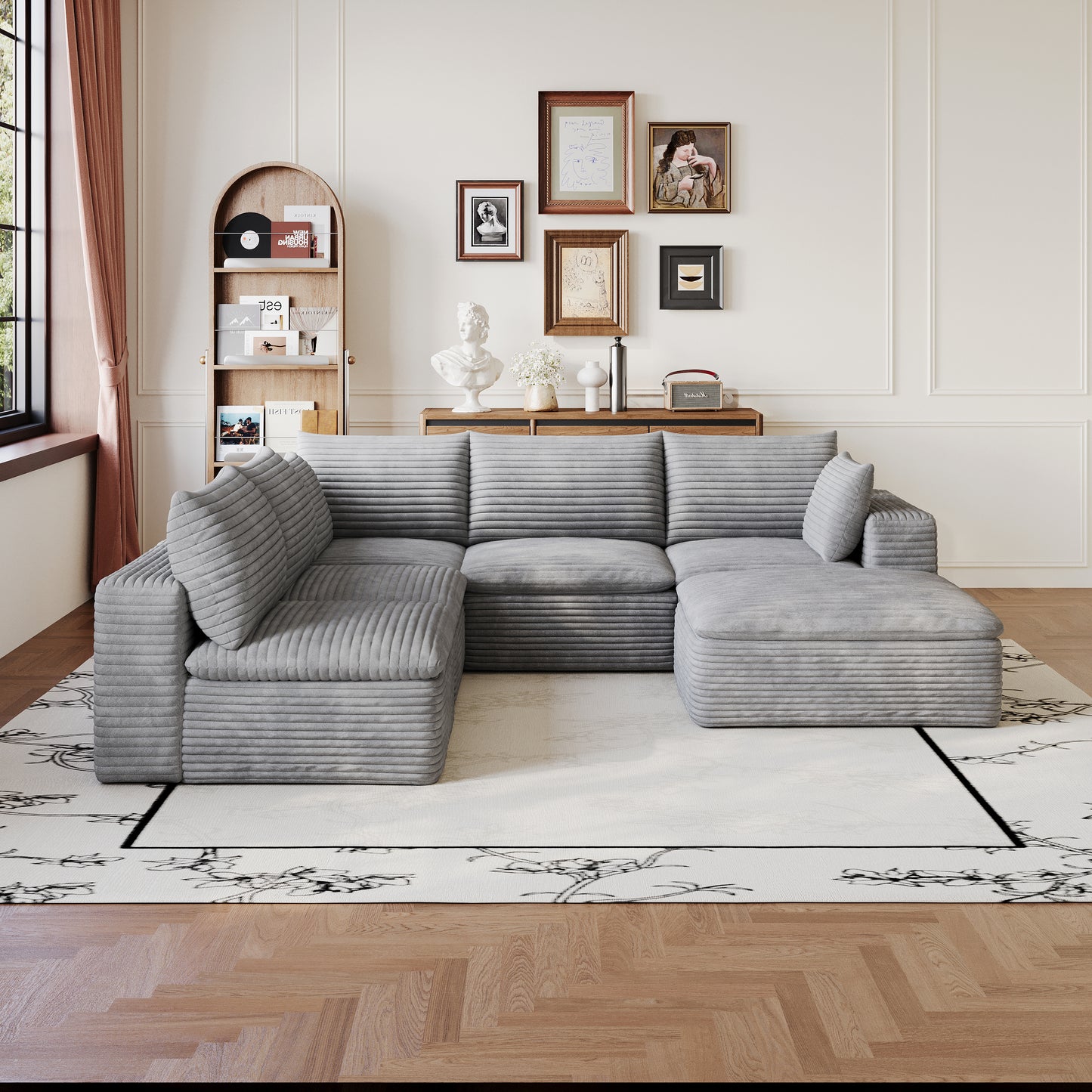 Corduroy Compression Sectional — 2/3/4/5-Seat — Grey / 5-Seat V-Shape + 1 Ottoman