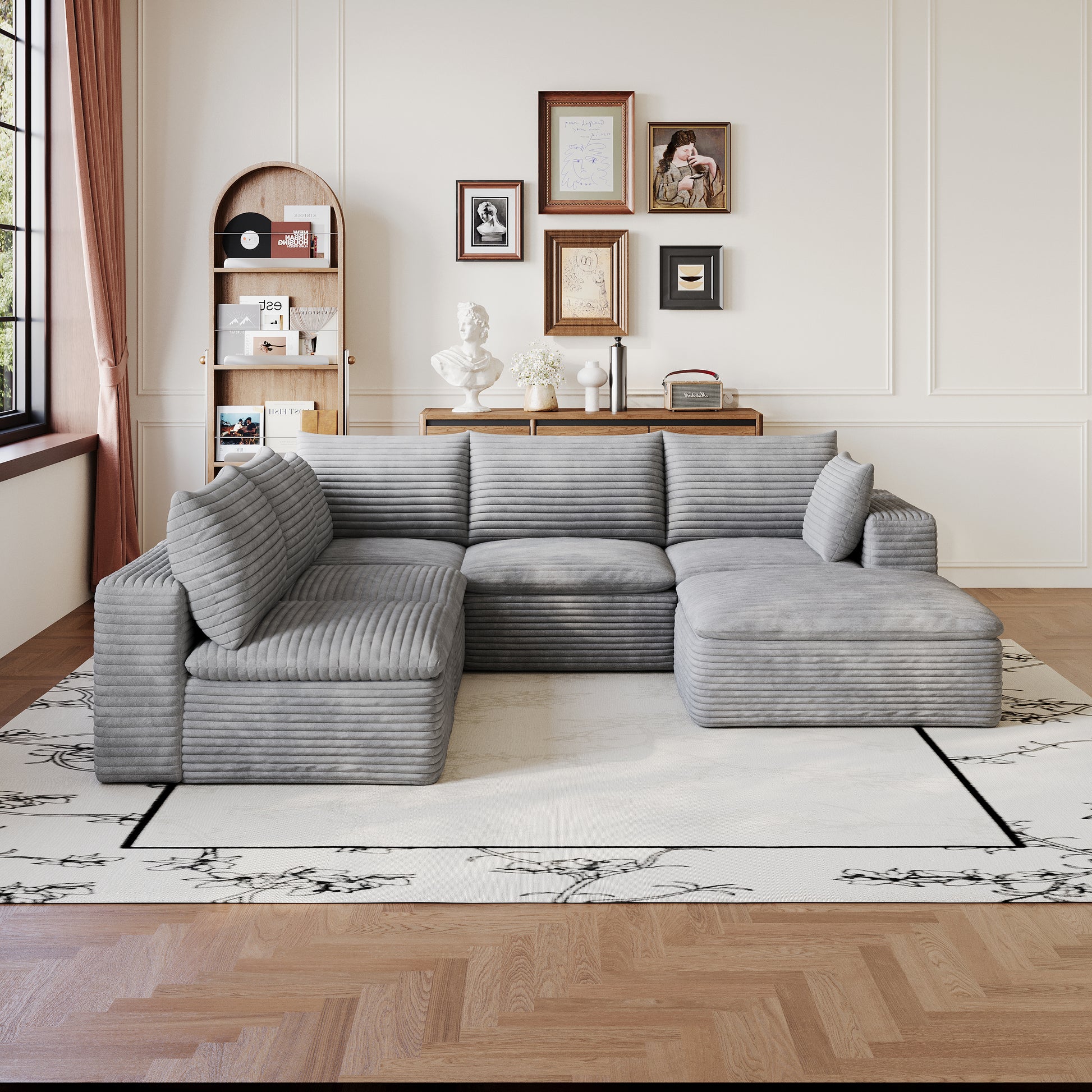 Corduroy Compression Sectional — 2/3/4/5-Seat — Grey / 5-Seat V-Shape + 1 Ottoman
