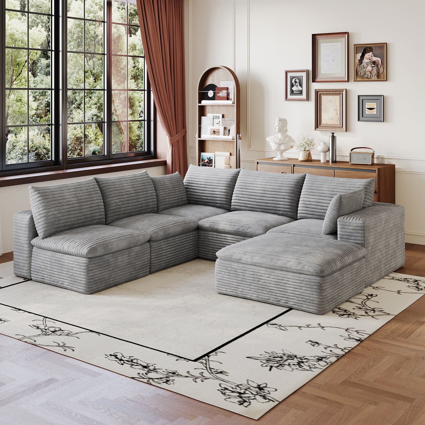Corduroy Compression Sectional — 2/3/4/5-Seat — Grey / 5-Seat V-Shape + 1 Ottoman
