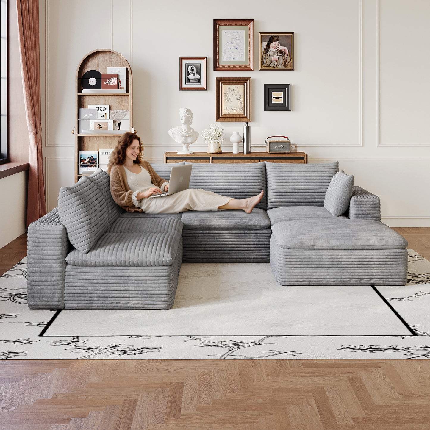 Corduroy Compression Sectional — 2/3/4/5-Seat — Grey / 5-Seat V-Shape + 1 Ottoman