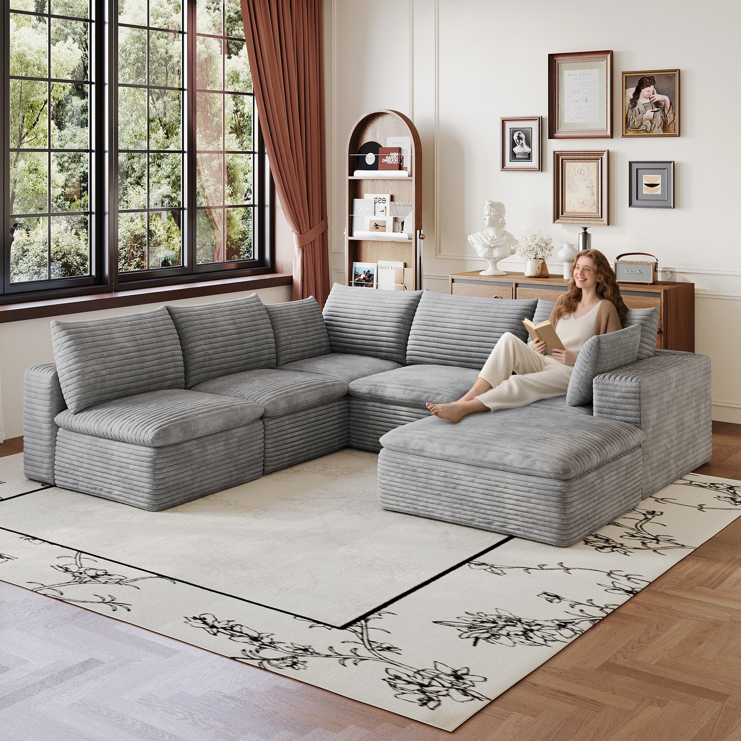 Corduroy Compression Sectional — 2/3/4/5-Seat — Grey / 5-Seat V-Shape + 1 Ottoman