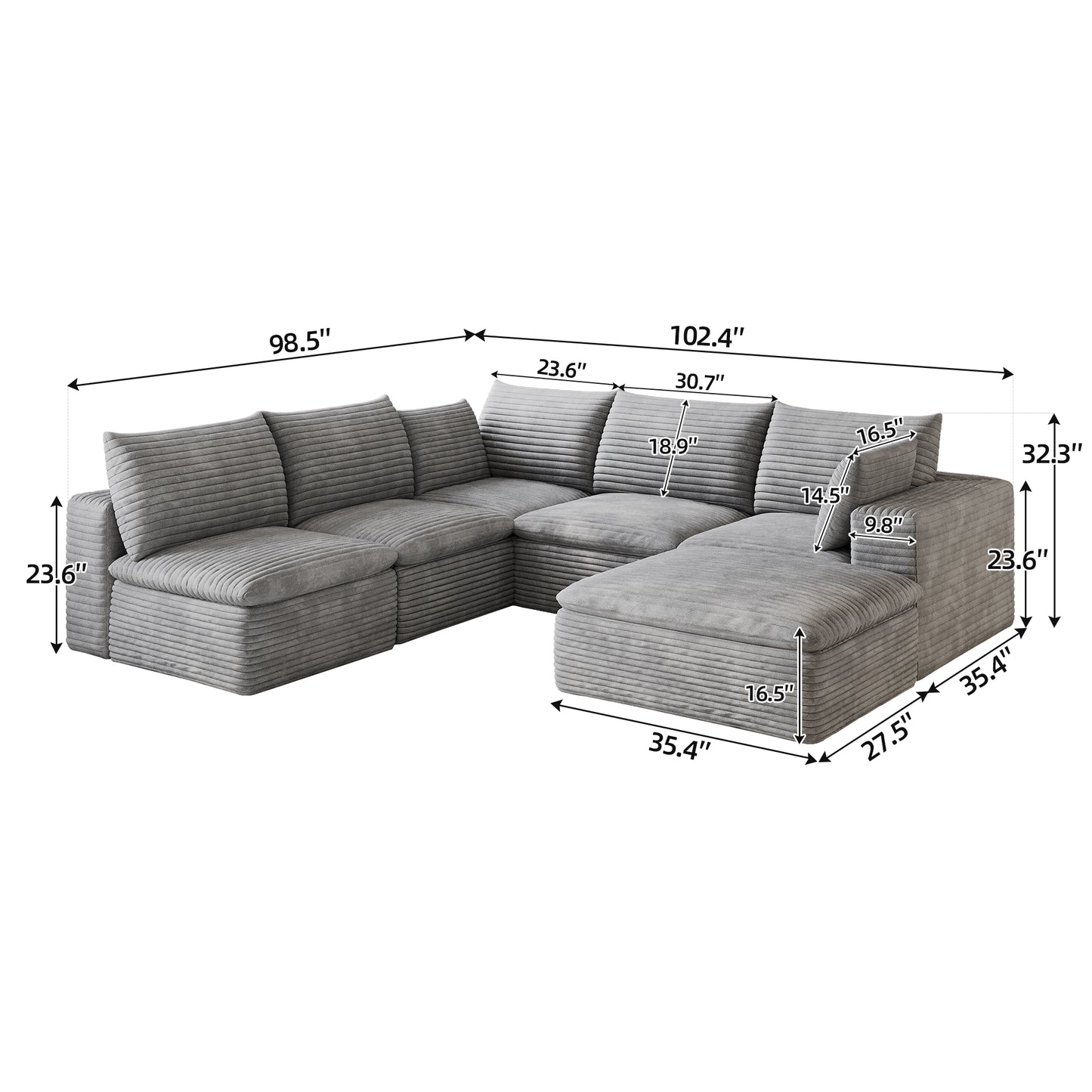 Corduroy Compression Sectional — 2/3/4/5-Seat — Grey / 5-Seat V-Shape + 1 Ottoman