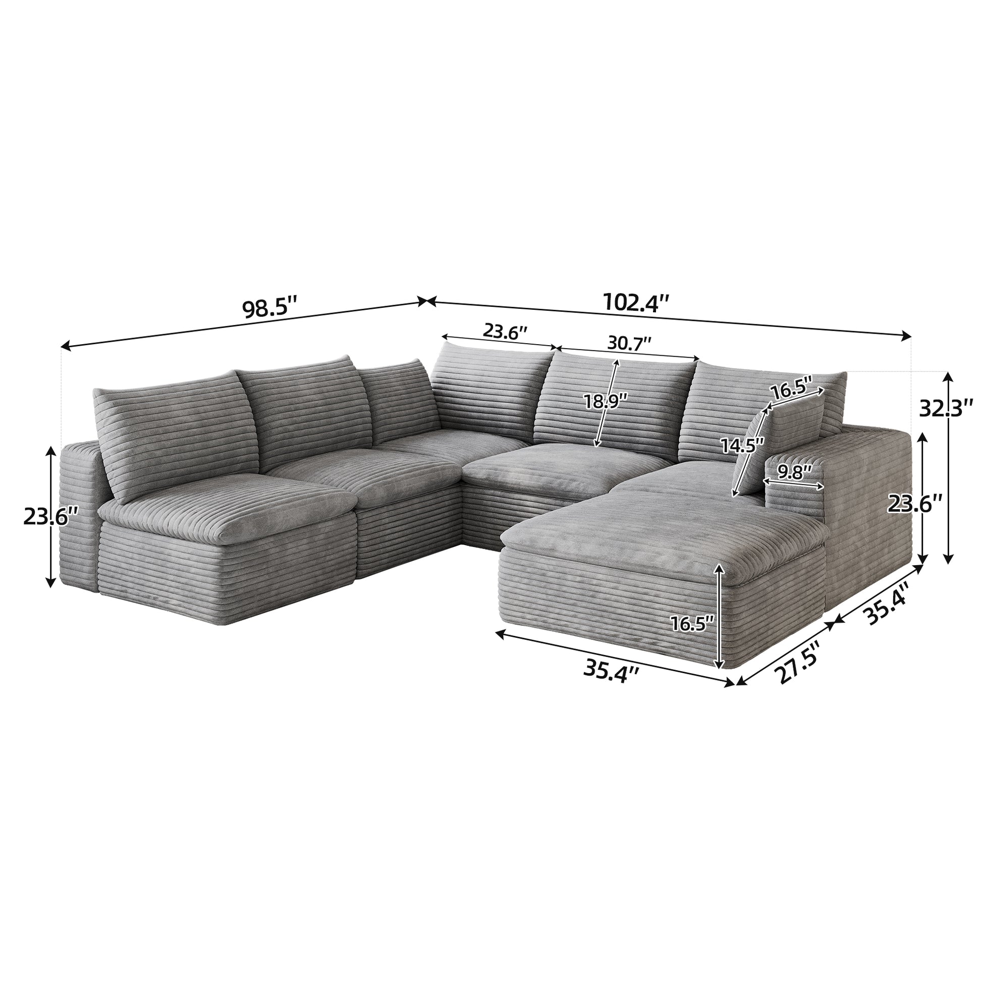 Corduroy Compression Sectional — 2/3/4/5-Seat — Grey / 5-Seat V-Shape + 1 Ottoman