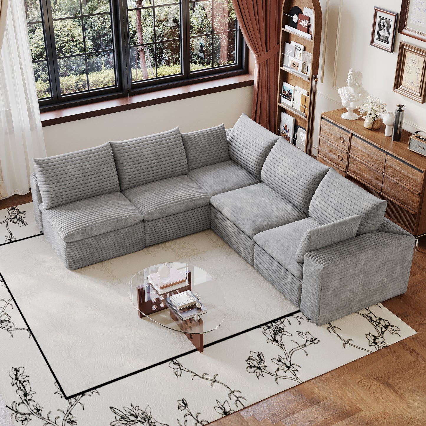 Corduroy Compression Sectional — 2/3/4/5-Seat — Grey / 5-Seat V-Shape