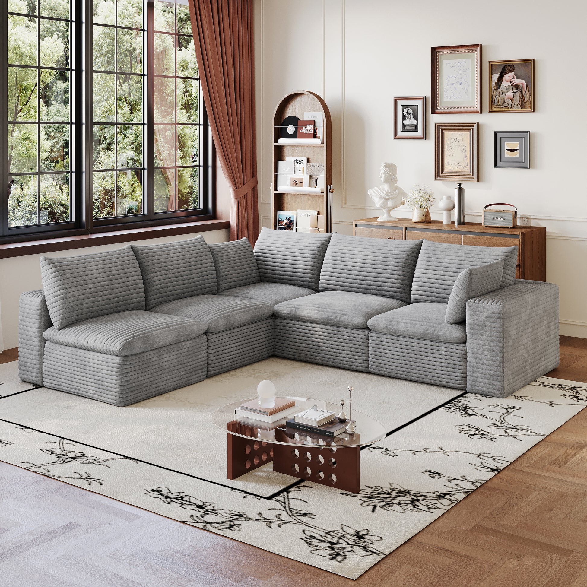Corduroy Compression Sectional — 2/3/4/5-Seat — Grey / 5-Seat V-Shape