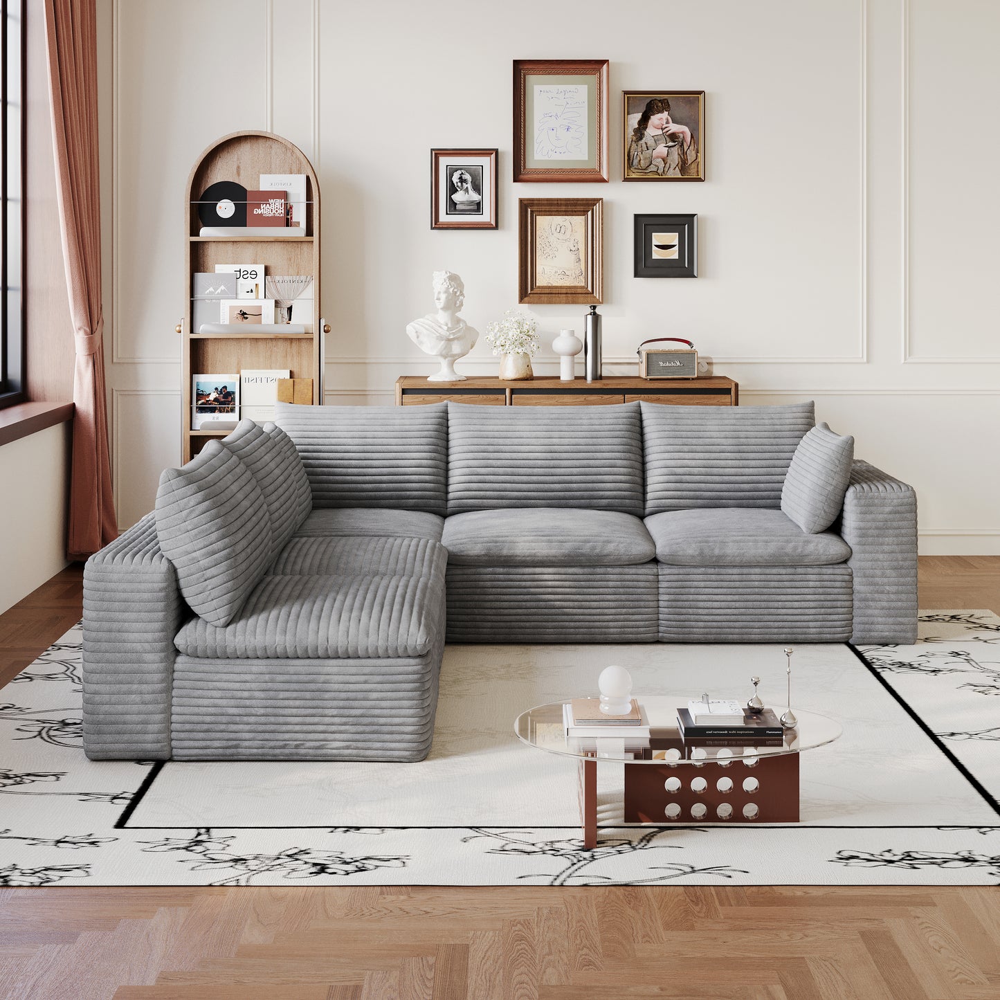 Corduroy Compression Sectional — 2/3/4/5-Seat — Grey / 5-Seat V-Shape