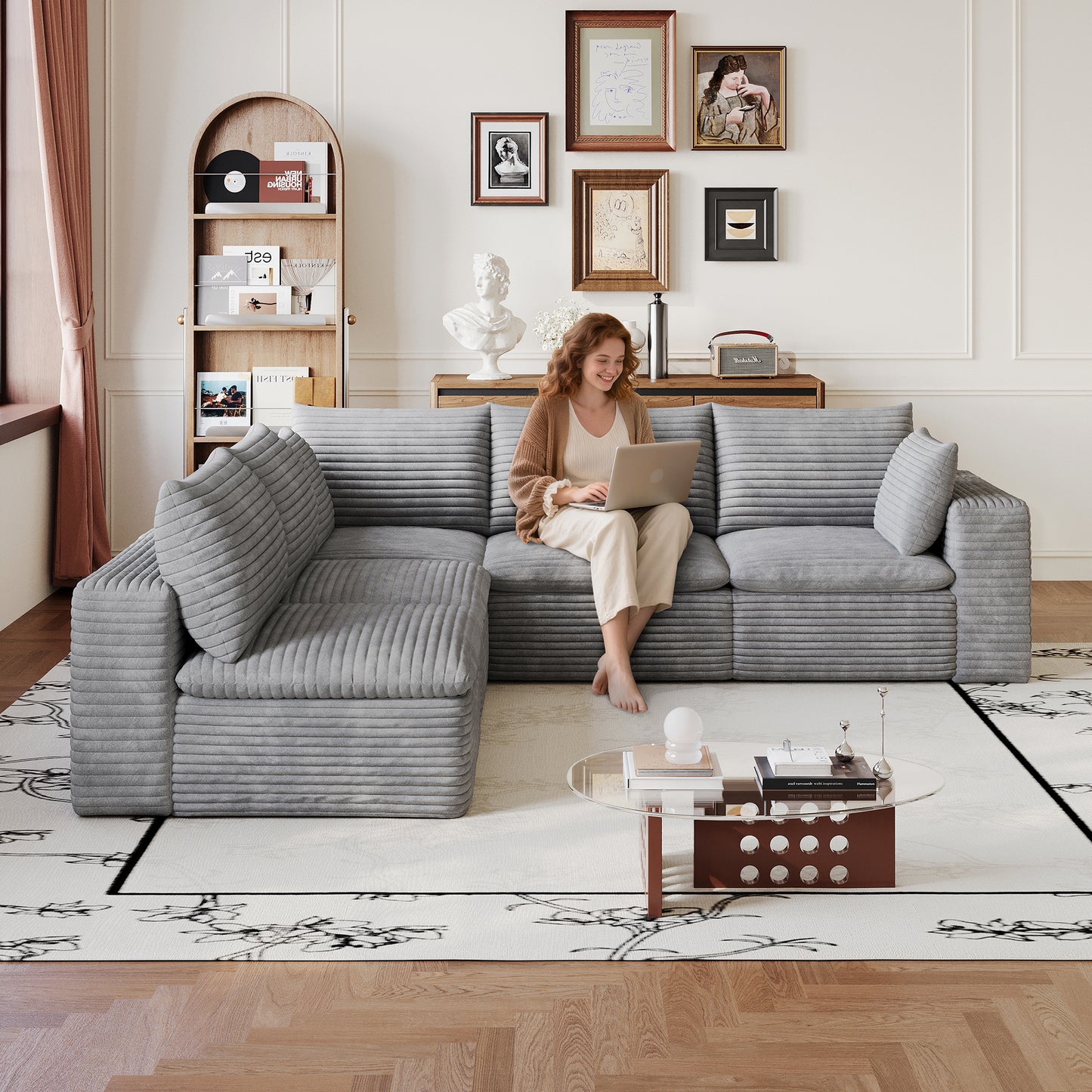 Corduroy Compression Sectional — 2/3/4/5-Seat — Grey / 5-Seat V-Shape