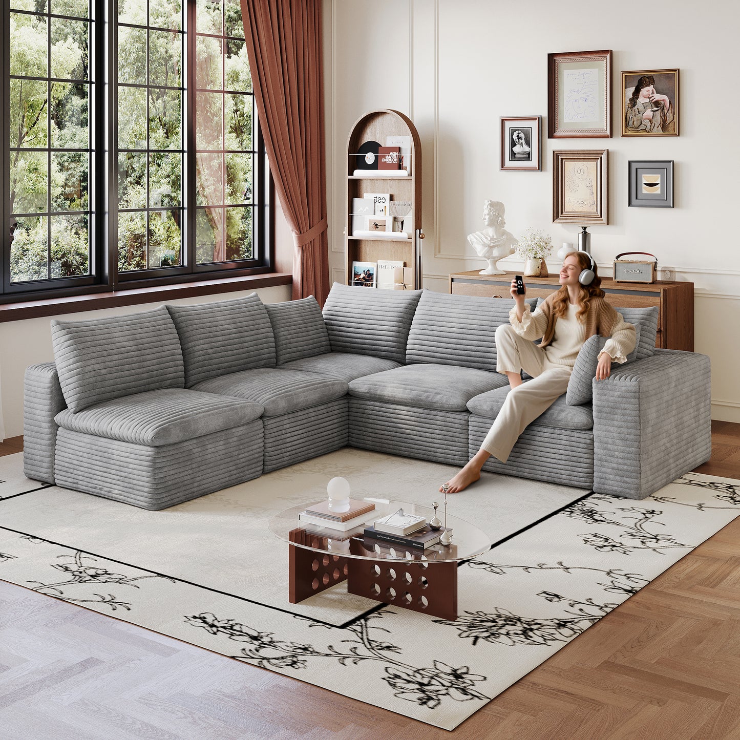 Corduroy Compression Sectional — 2/3/4/5-Seat — Grey / 5-Seat V-Shape