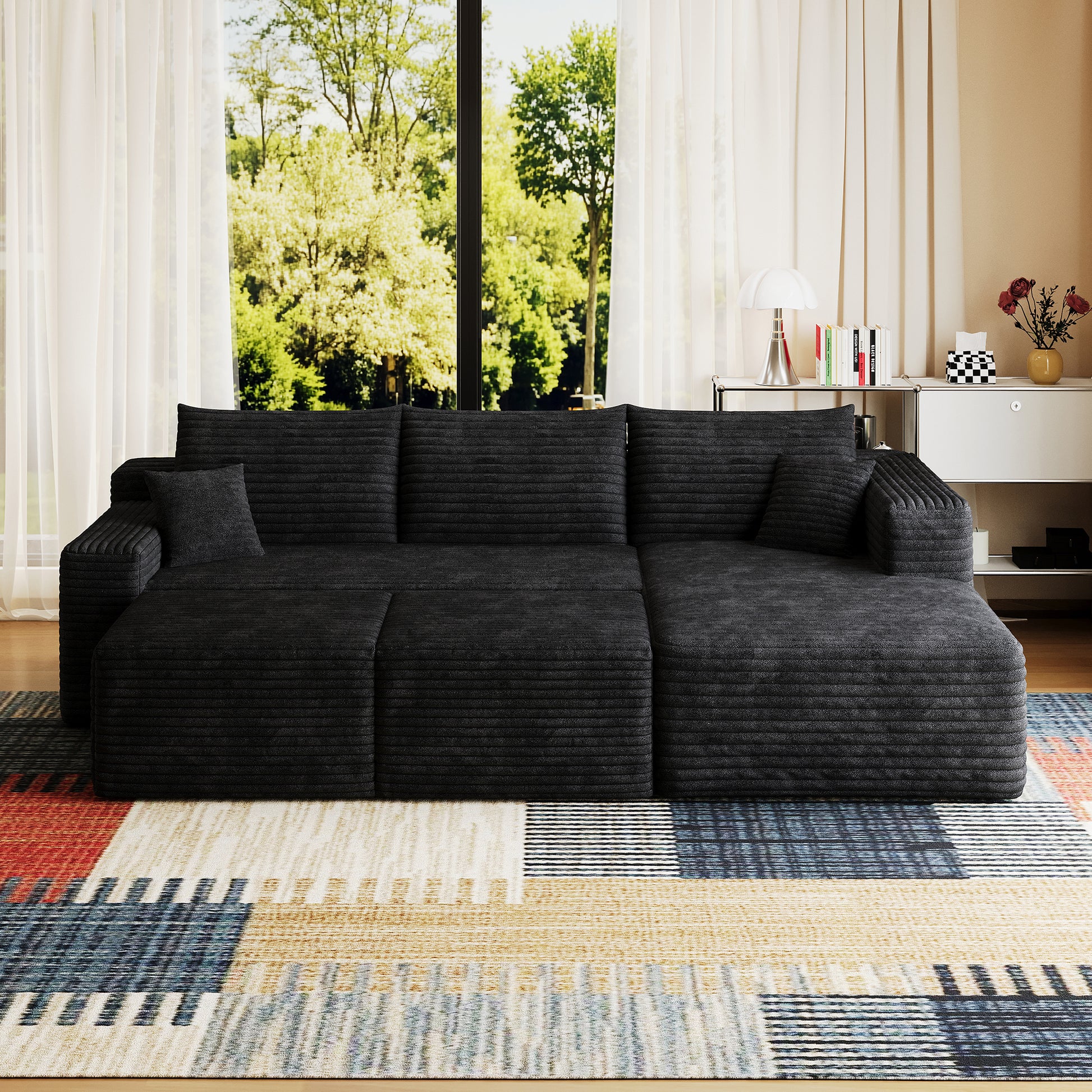 Corduroy Spring-Core Compression Sectional — 95"W — Black