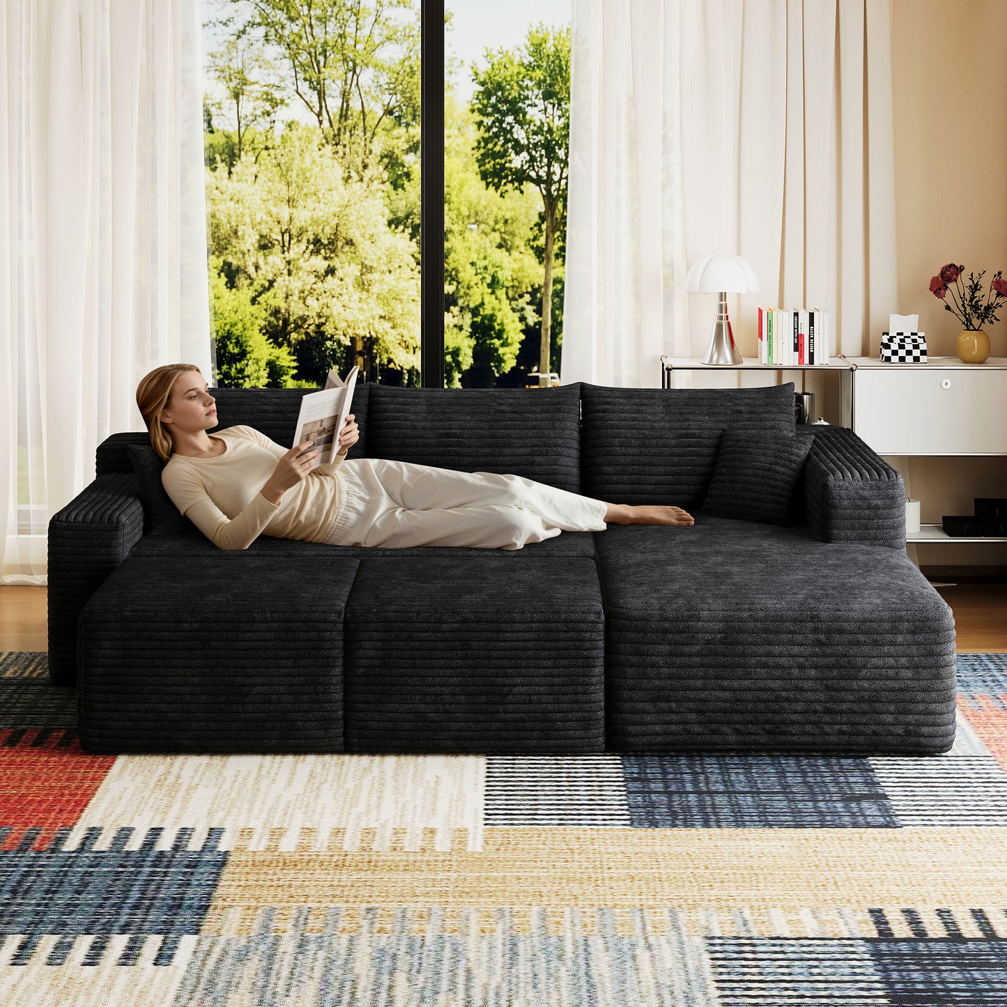 Corduroy Spring-Core Compression Sectional — 95"W — Black