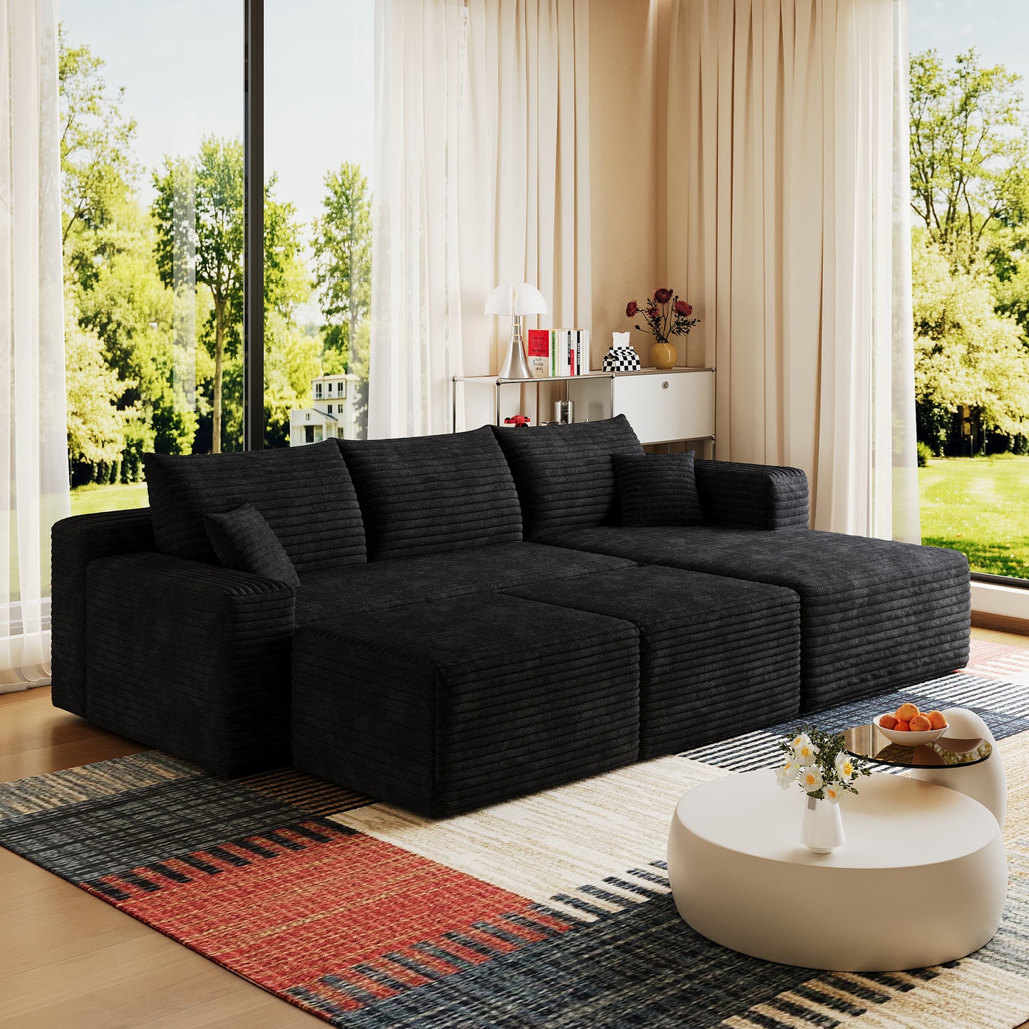 Corduroy Spring-Core Compression Sectional — 95"W — Black
