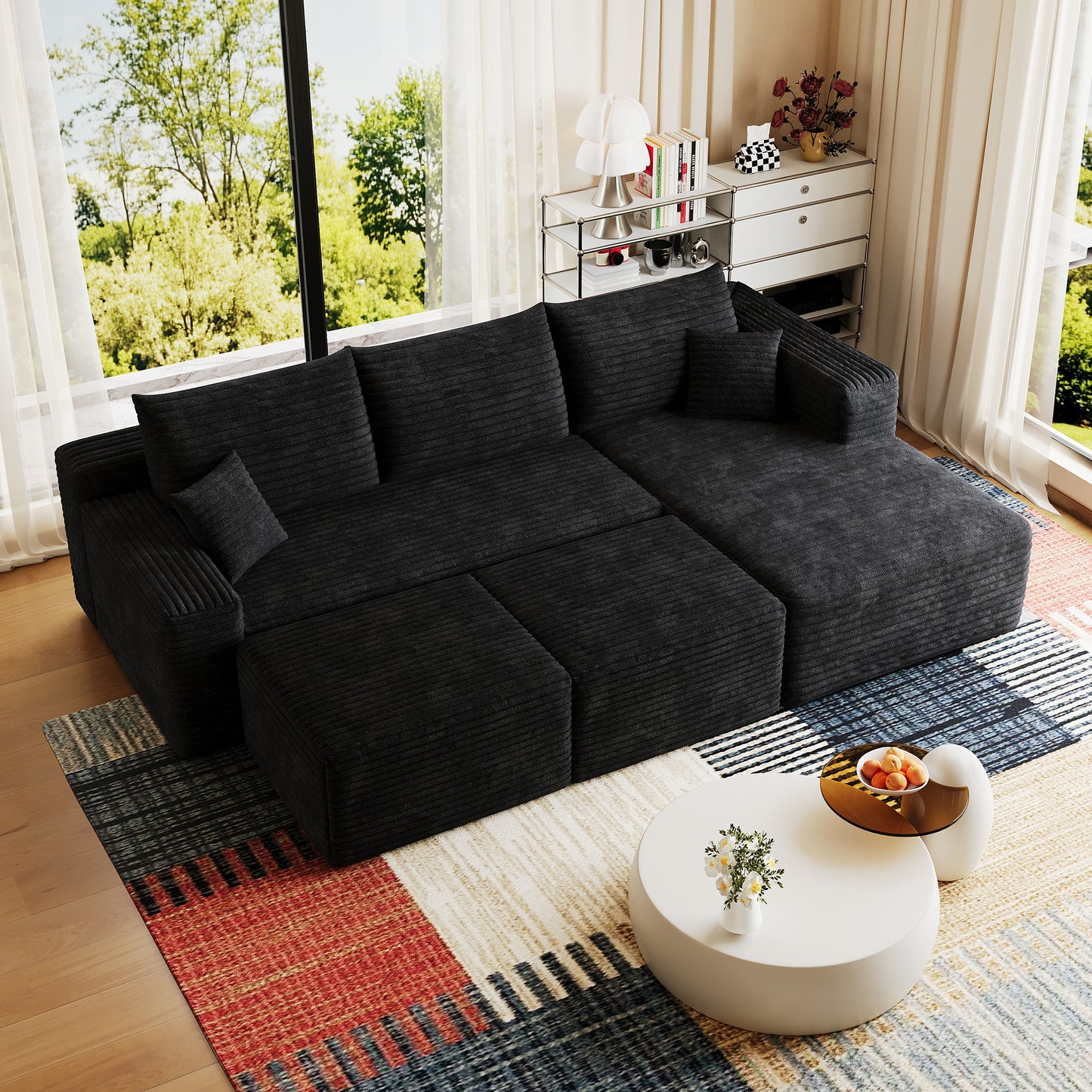 Corduroy Spring-Core Compression Sectional — 95"W — Black