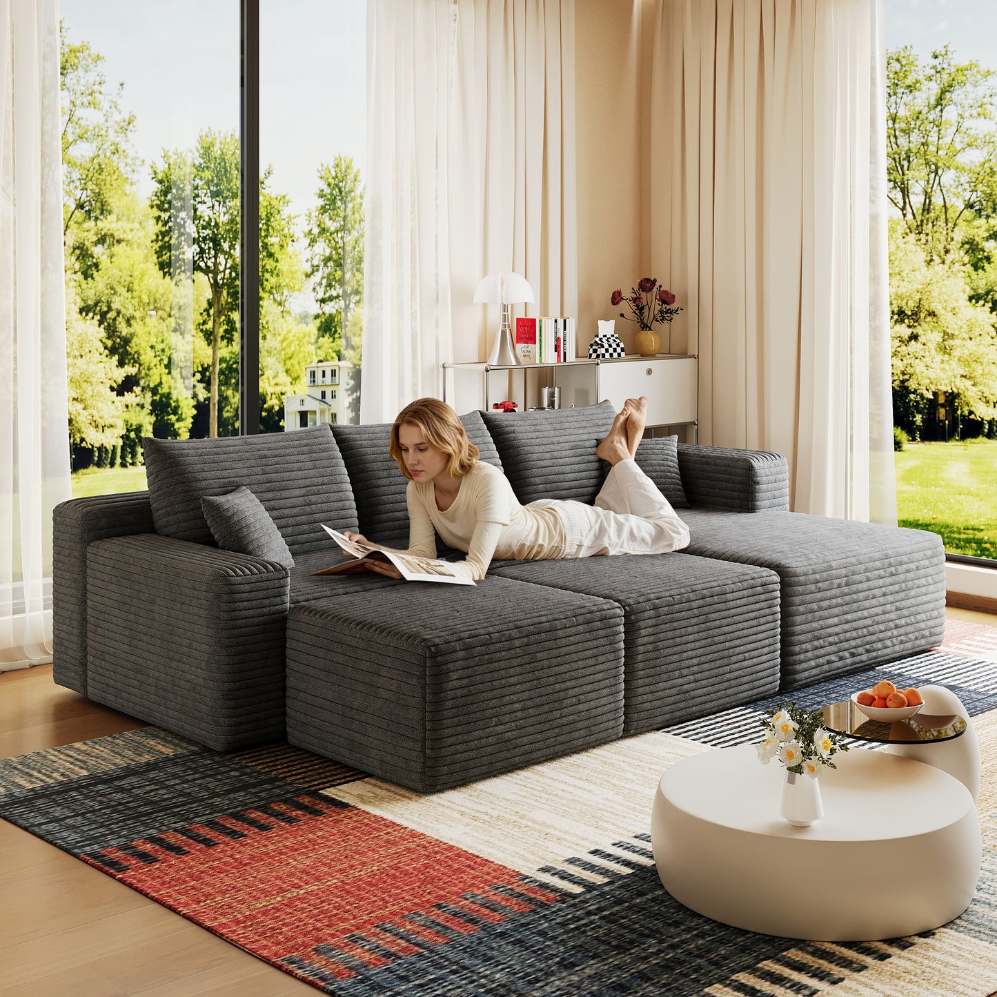 Corduroy Spring-Core Compression Sectional — 95"W — Dark Grey