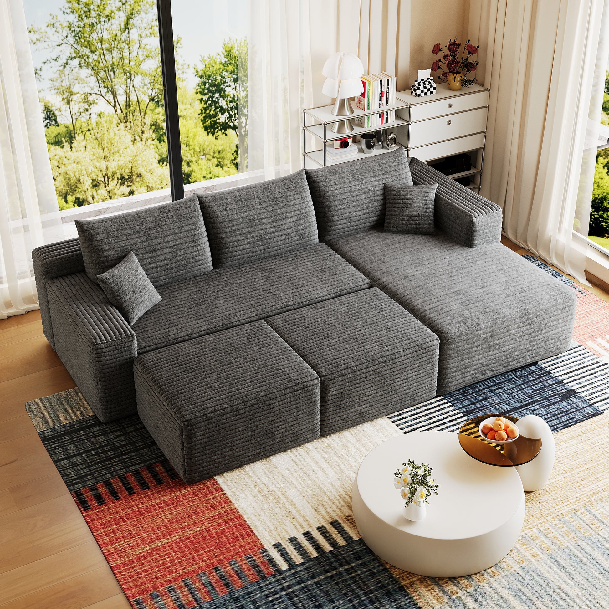 Corduroy Spring-Core Compression Sectional — 95"W — Dark Grey