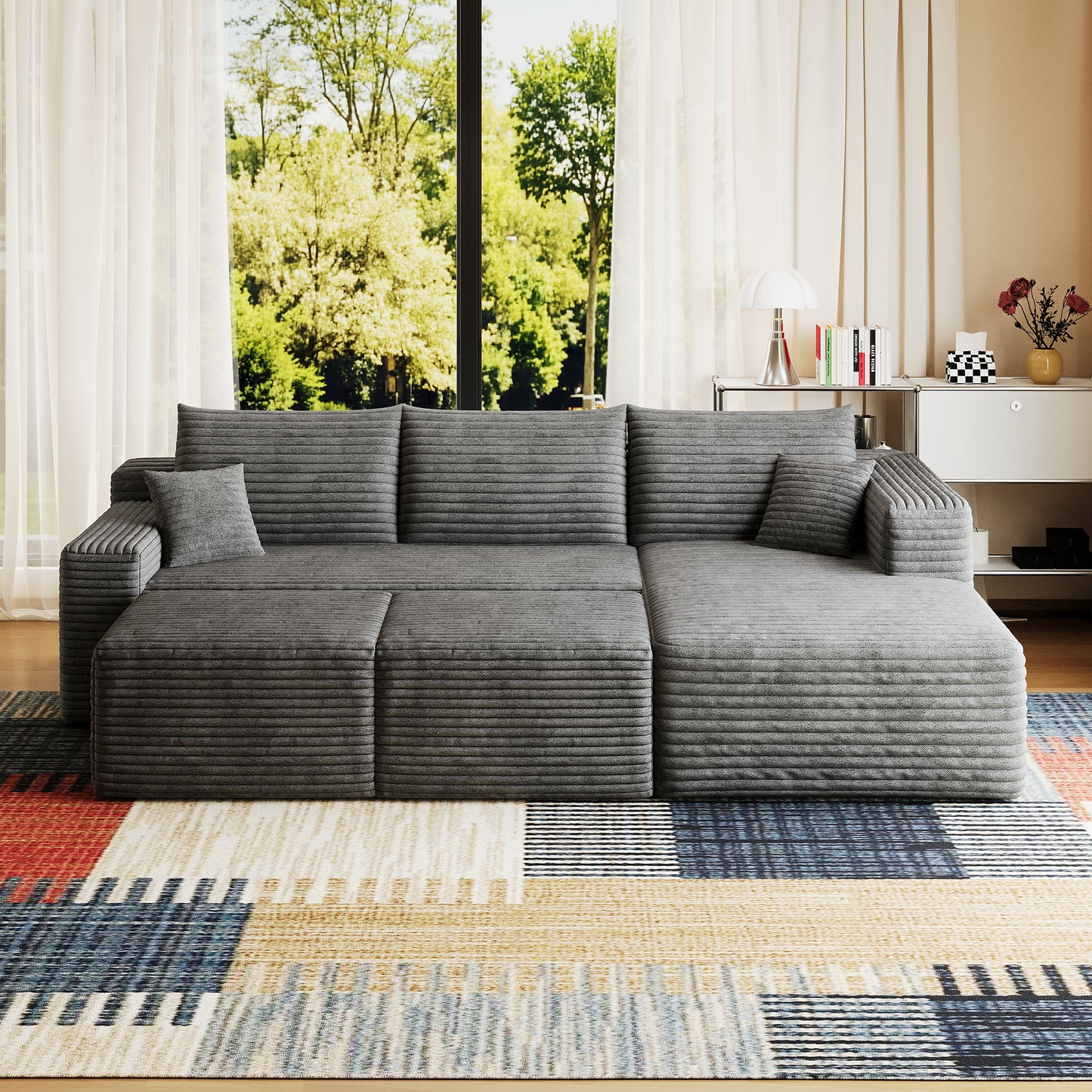 Corduroy Spring-Core Compression Sectional — 95"W — Dark Grey