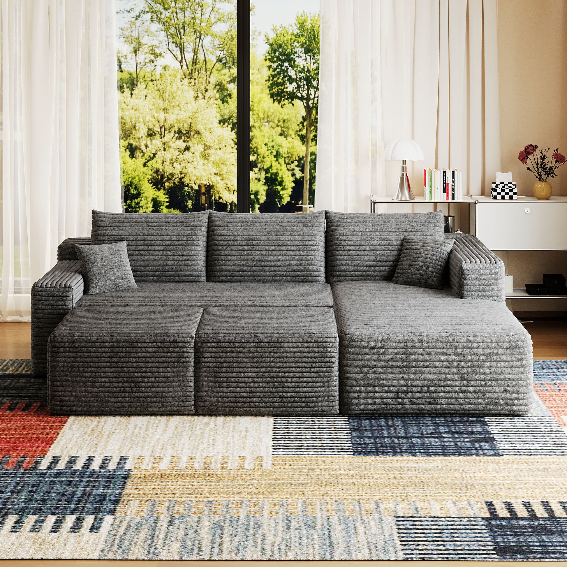 Corduroy Spring-Core Compression Sectional — 95"W — Dark Grey