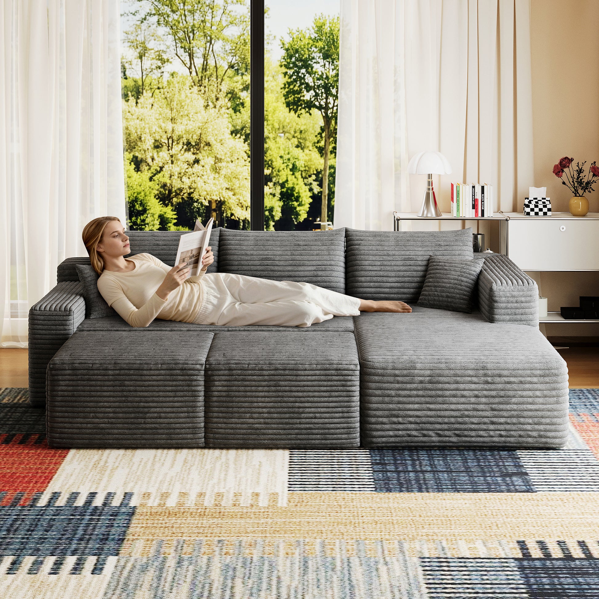 Corduroy Spring-Core Compression Sectional — 95"W — Dark Grey