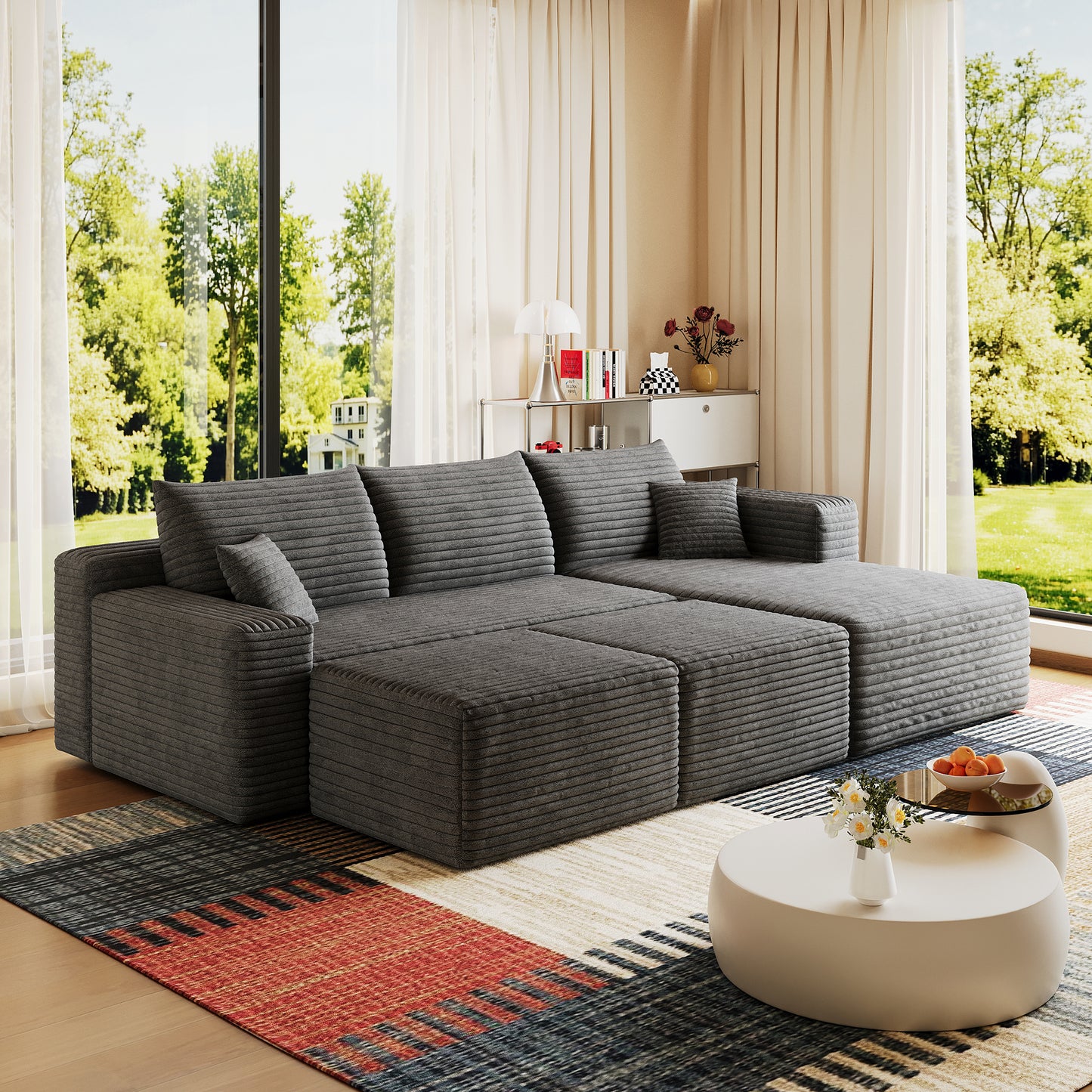 Corduroy Spring-Core Compression Sectional — 95"W — Dark Grey