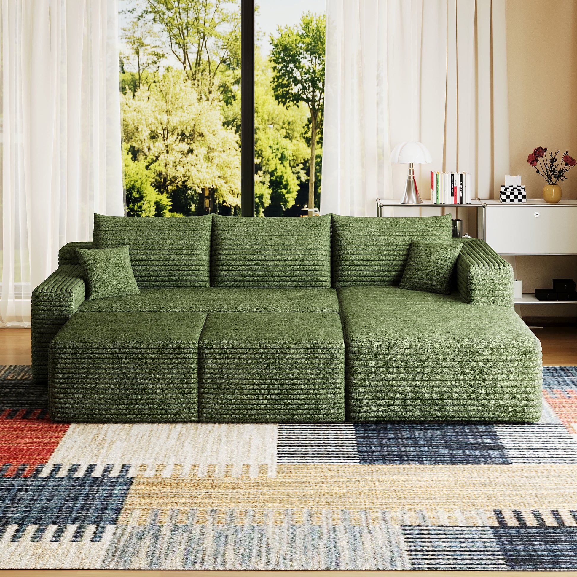 Corduroy Spring-Core Compression Sectional — 95"W — Green