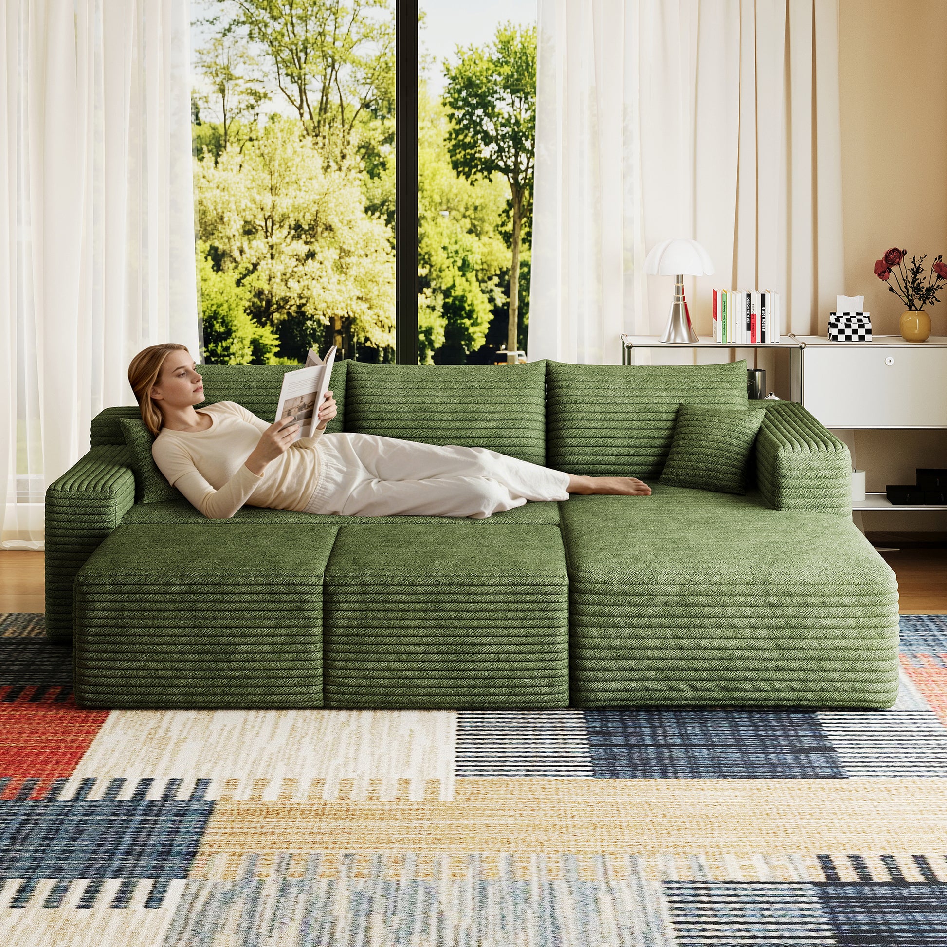 Corduroy Spring-Core Compression Sectional — 95"W — Green