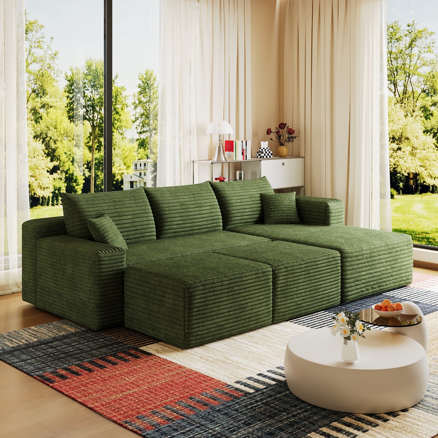 Corduroy Spring-Core Compression Sectional — 95"W — Green