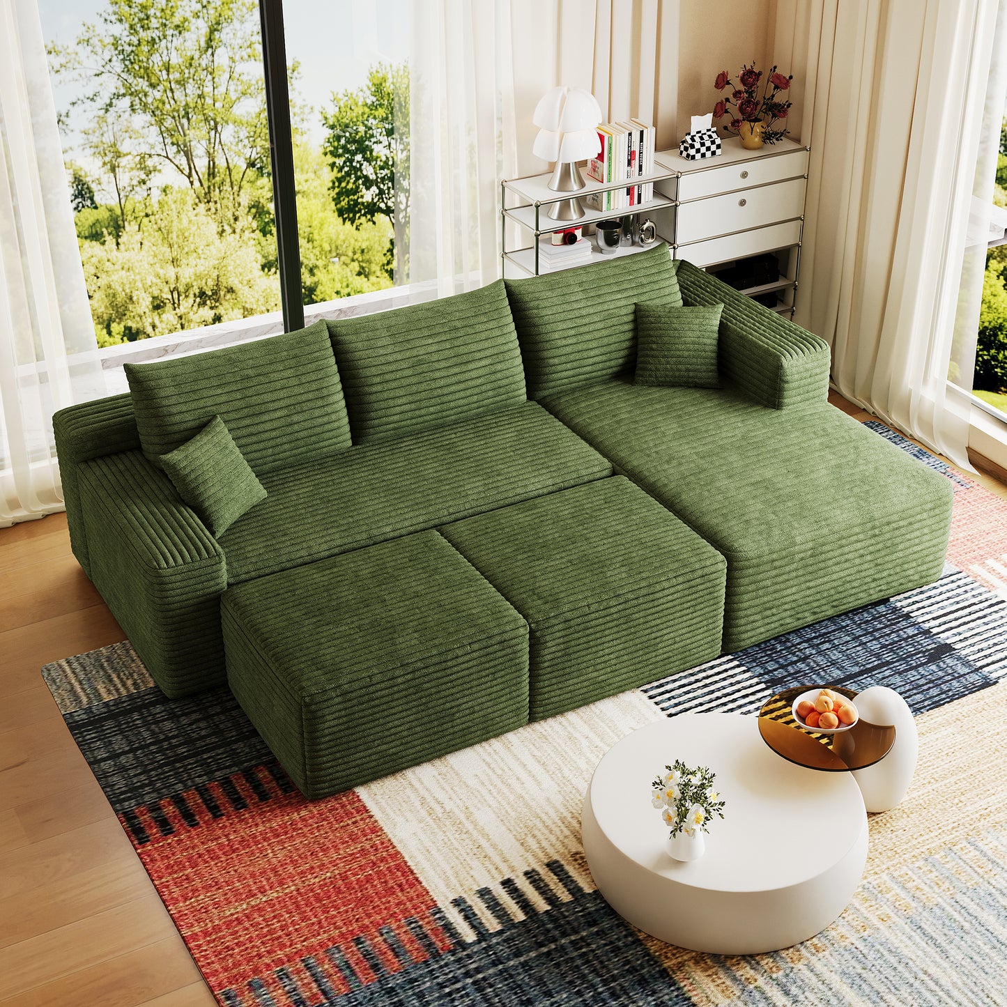 Corduroy Spring-Core Compression Sectional — 95"W — Green