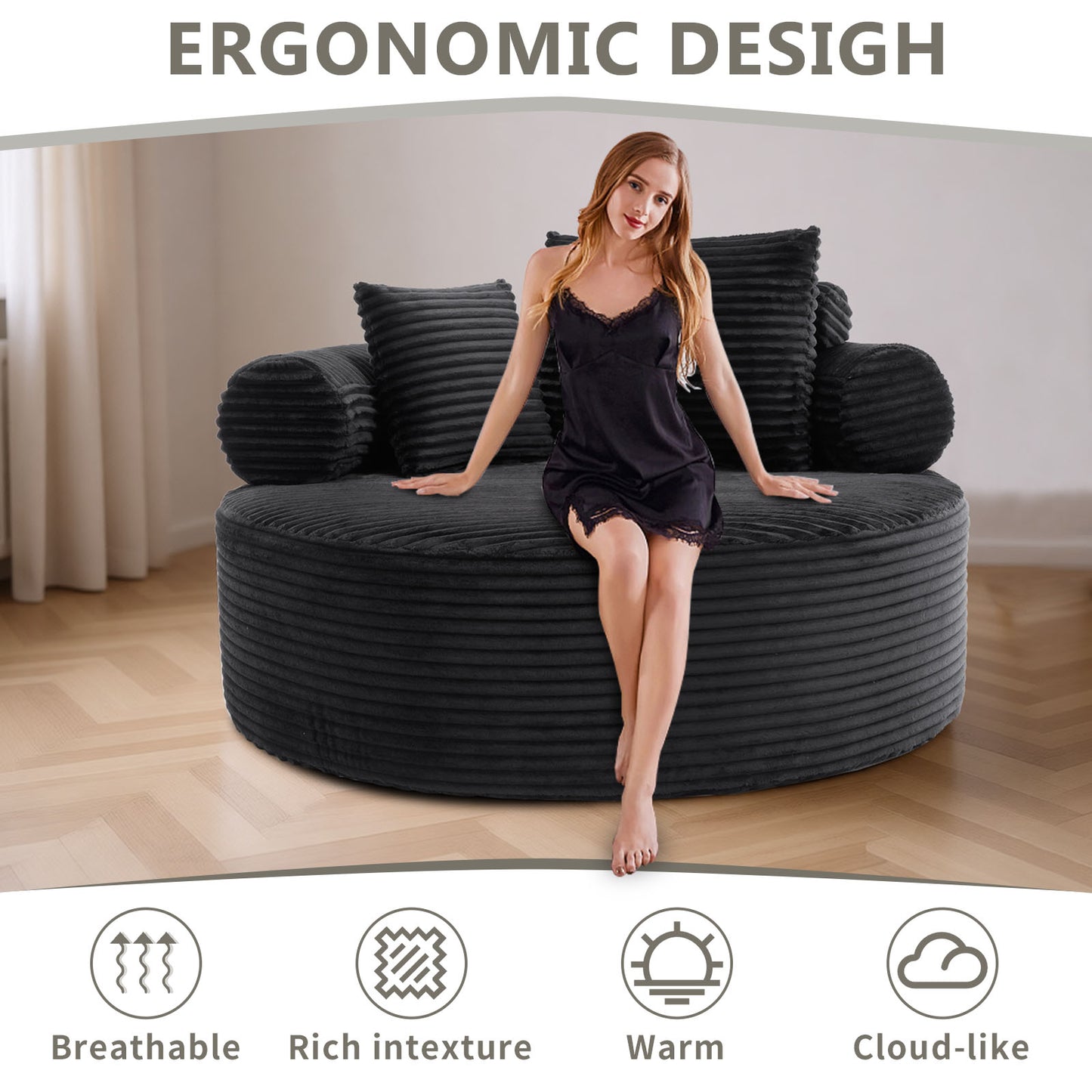 Velvet Spring-Core Compression Accent Chair — 1-Seat, 56"W — Black