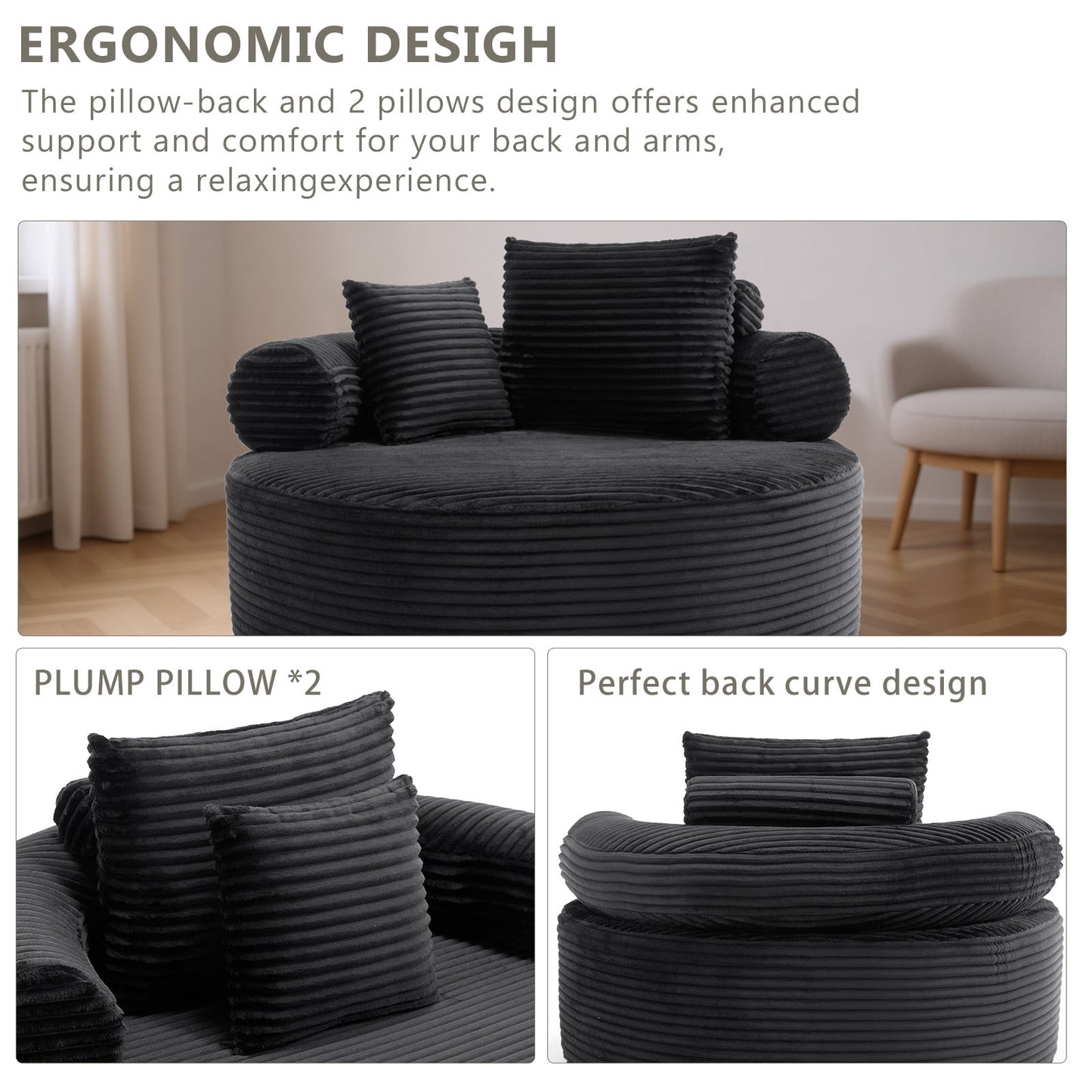 Velvet Spring-Core Compression Accent Chair — 1-Seat, 56"W — Black
