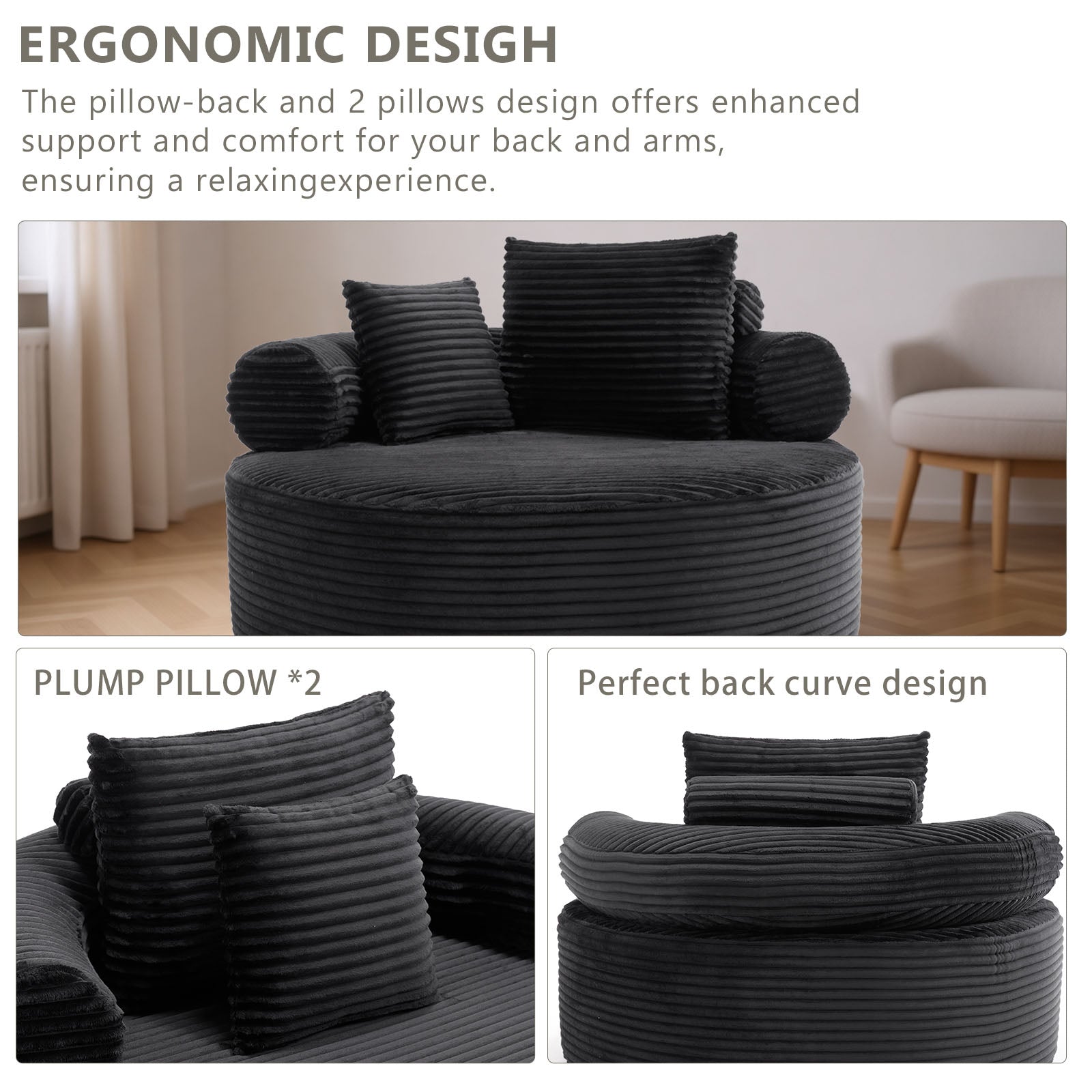Velvet Spring-Core Compression Accent Chair — 1-Seat, 56"W — Black