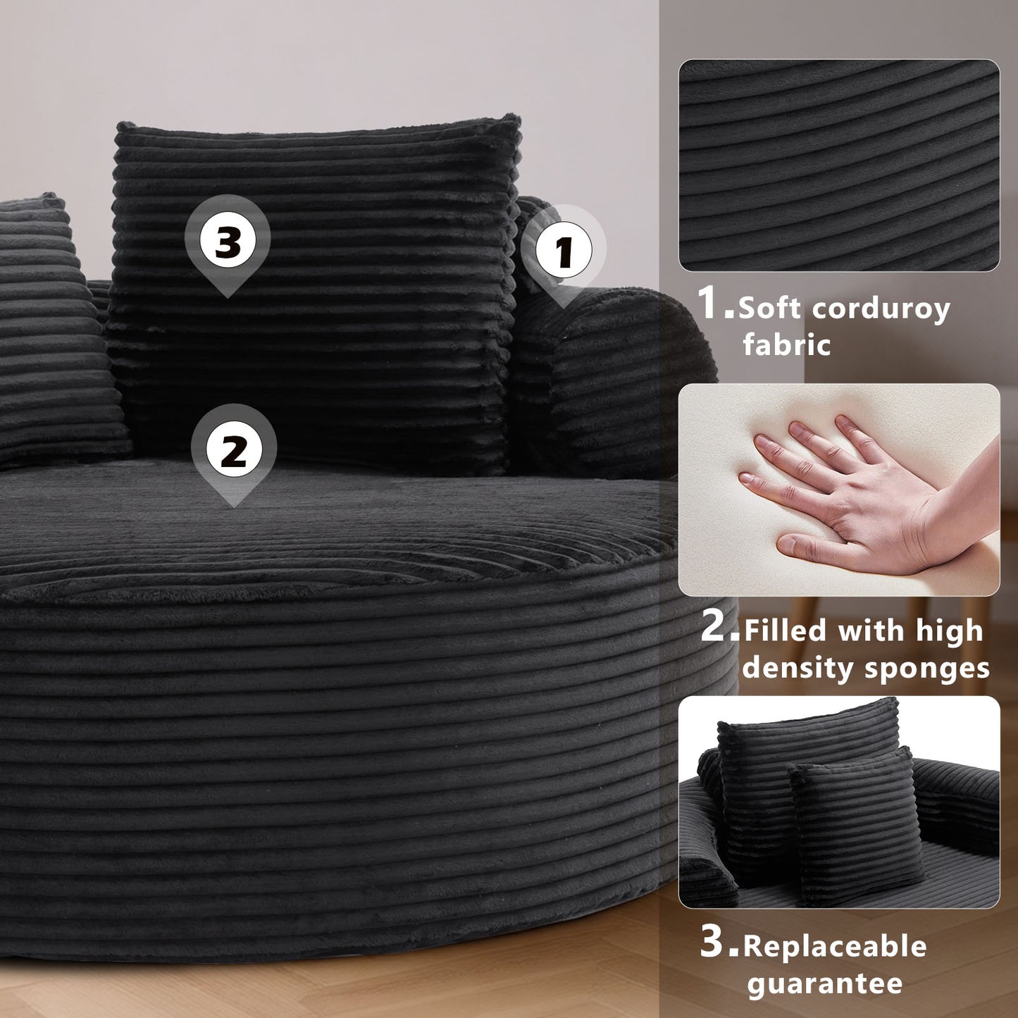 Velvet Spring-Core Compression Accent Chair — 1-Seat, 56"W — Black