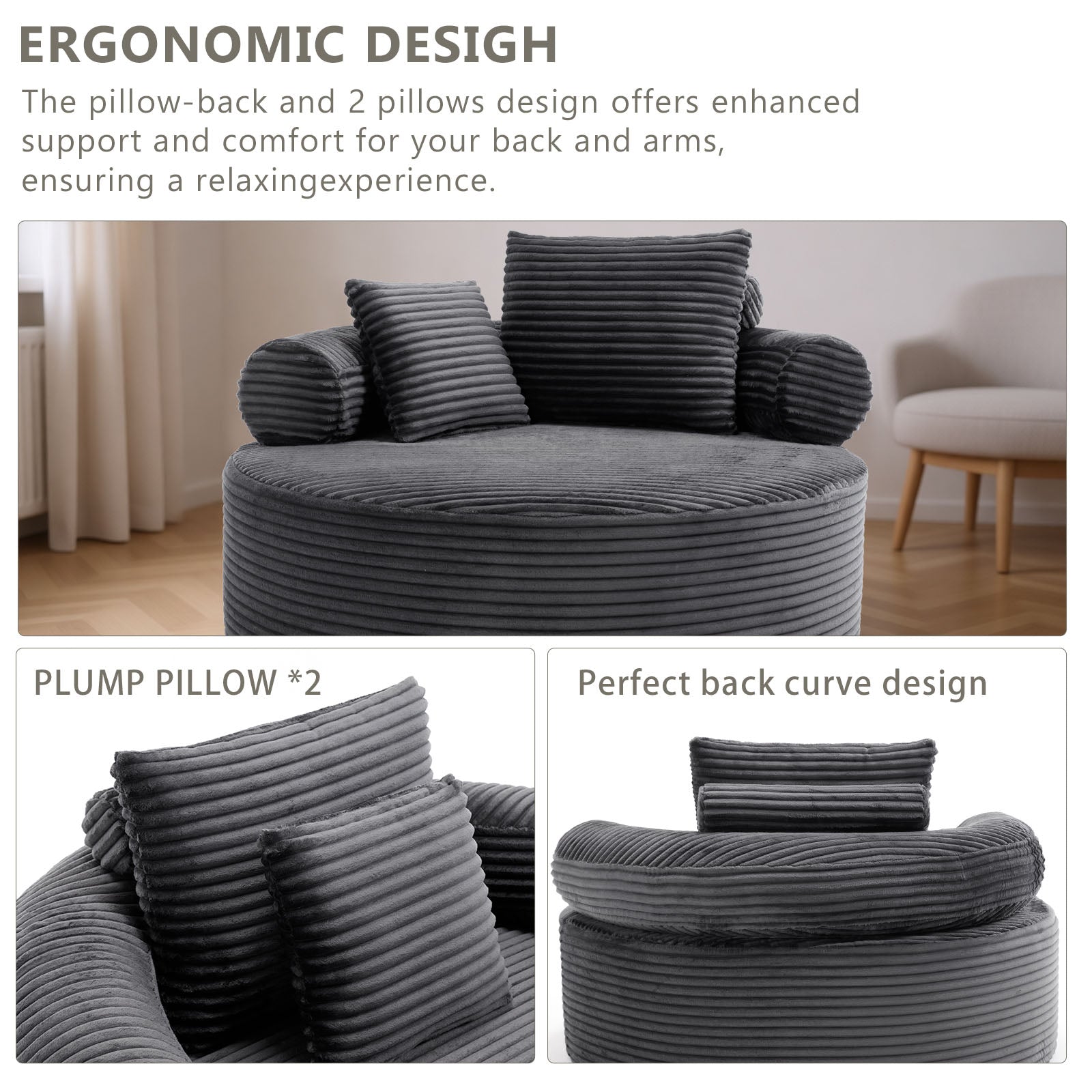 Velvet Spring-Core Compression Accent Chair — 1-Seat, 56"W — Dark Grey