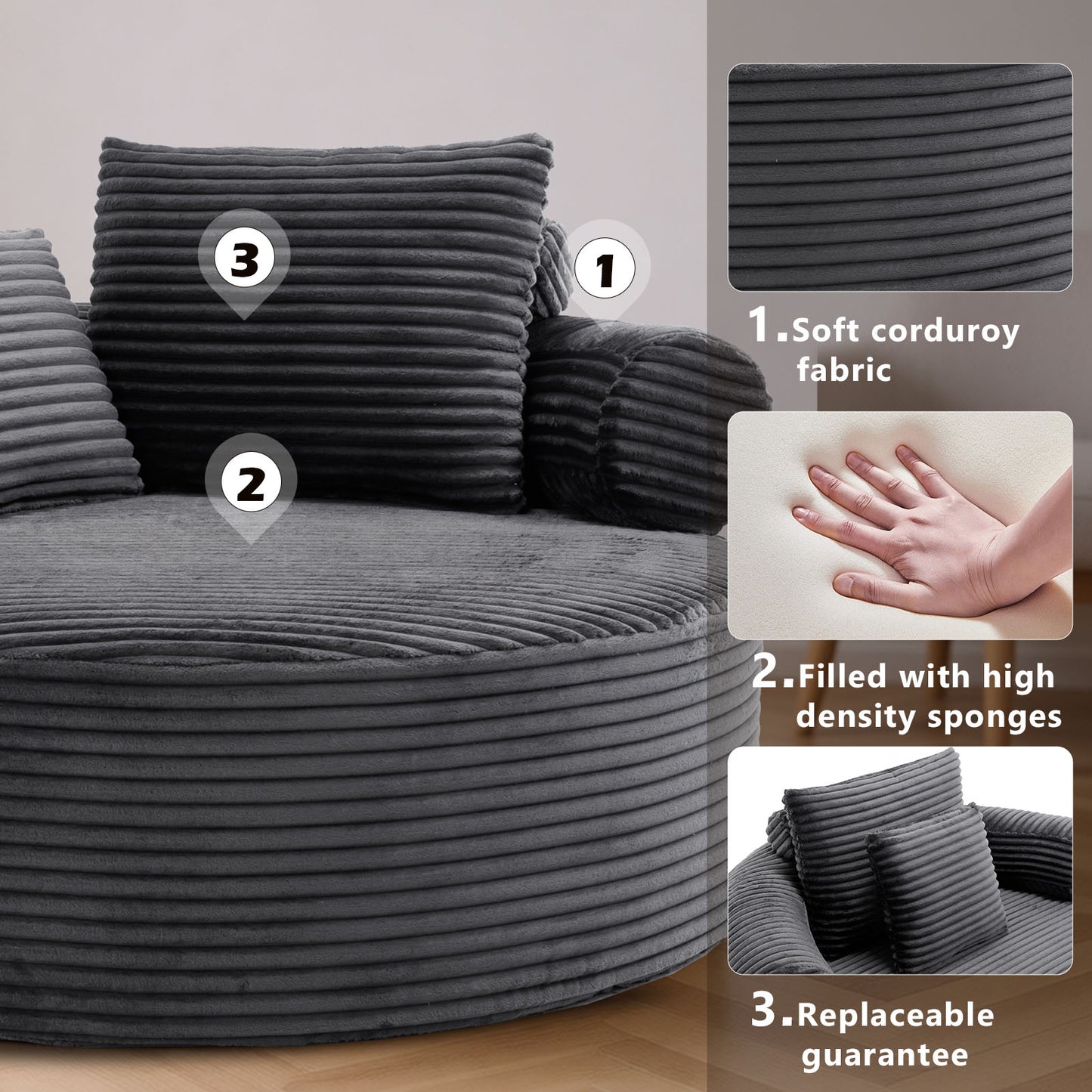 Velvet Spring-Core Compression Accent Chair — 1-Seat, 56"W — Dark Grey