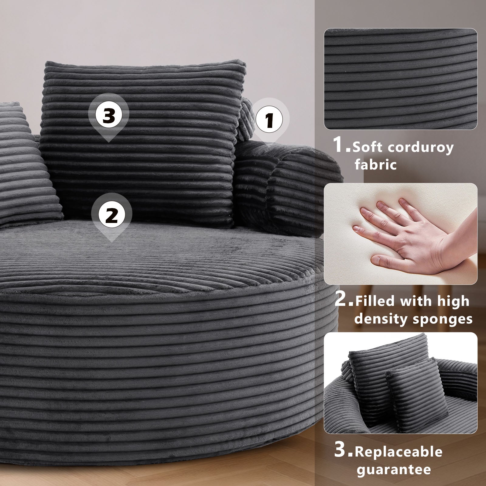 Velvet Spring-Core Compression Accent Chair — 1-Seat, 56"W — Dark Grey
