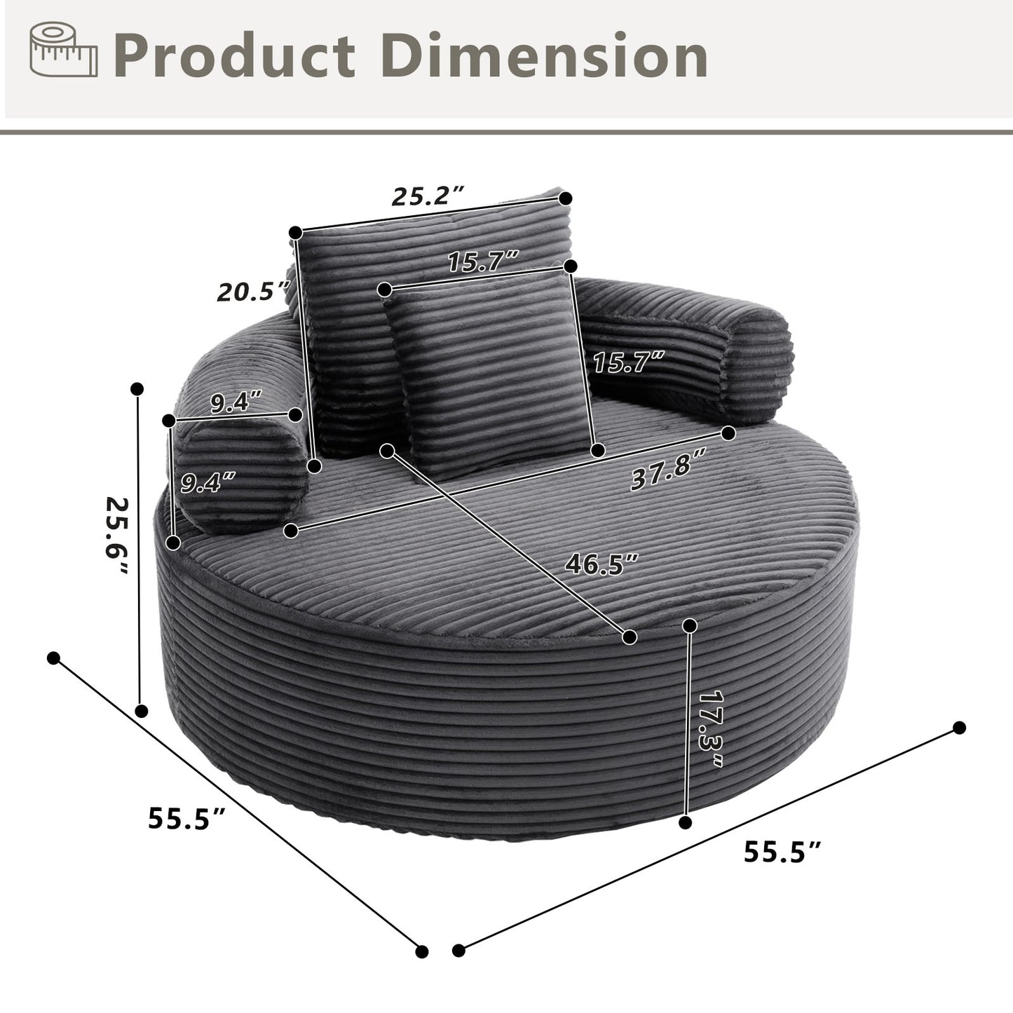 Velvet Spring-Core Compression Accent Chair — 1-Seat, 56"W — Dark Grey