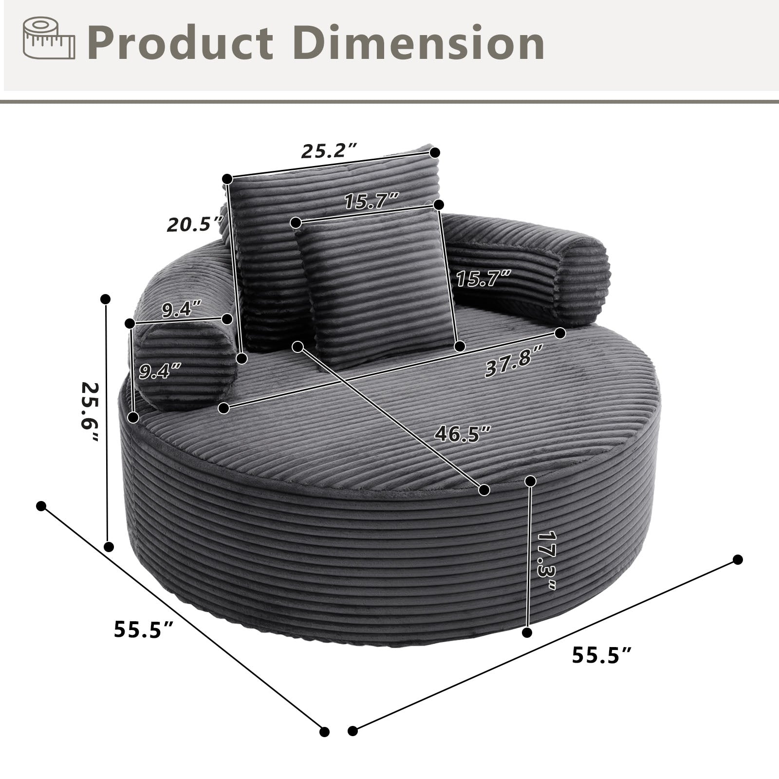 Velvet Spring-Core Compression Accent Chair — 1-Seat, 56"W — Dark Grey