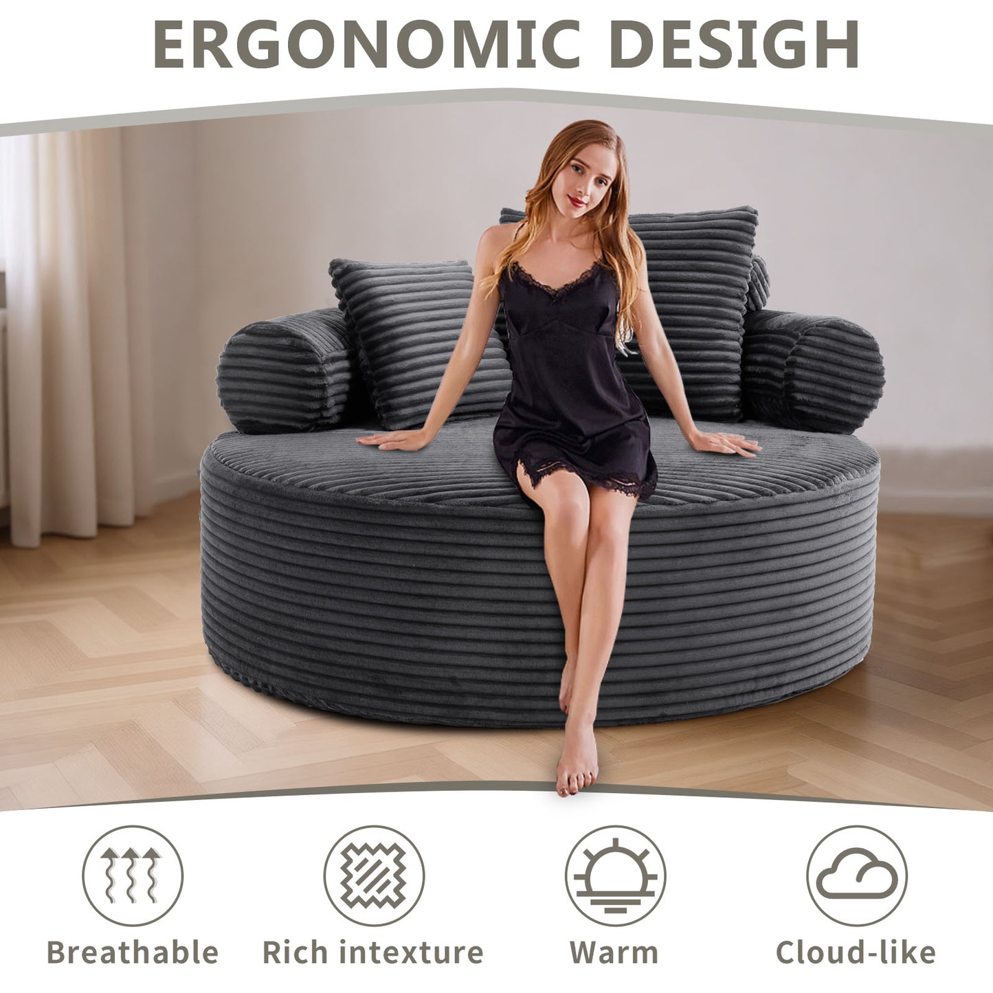 Velvet Spring-Core Compression Accent Chair — 1-Seat, 56"W — Dark Grey