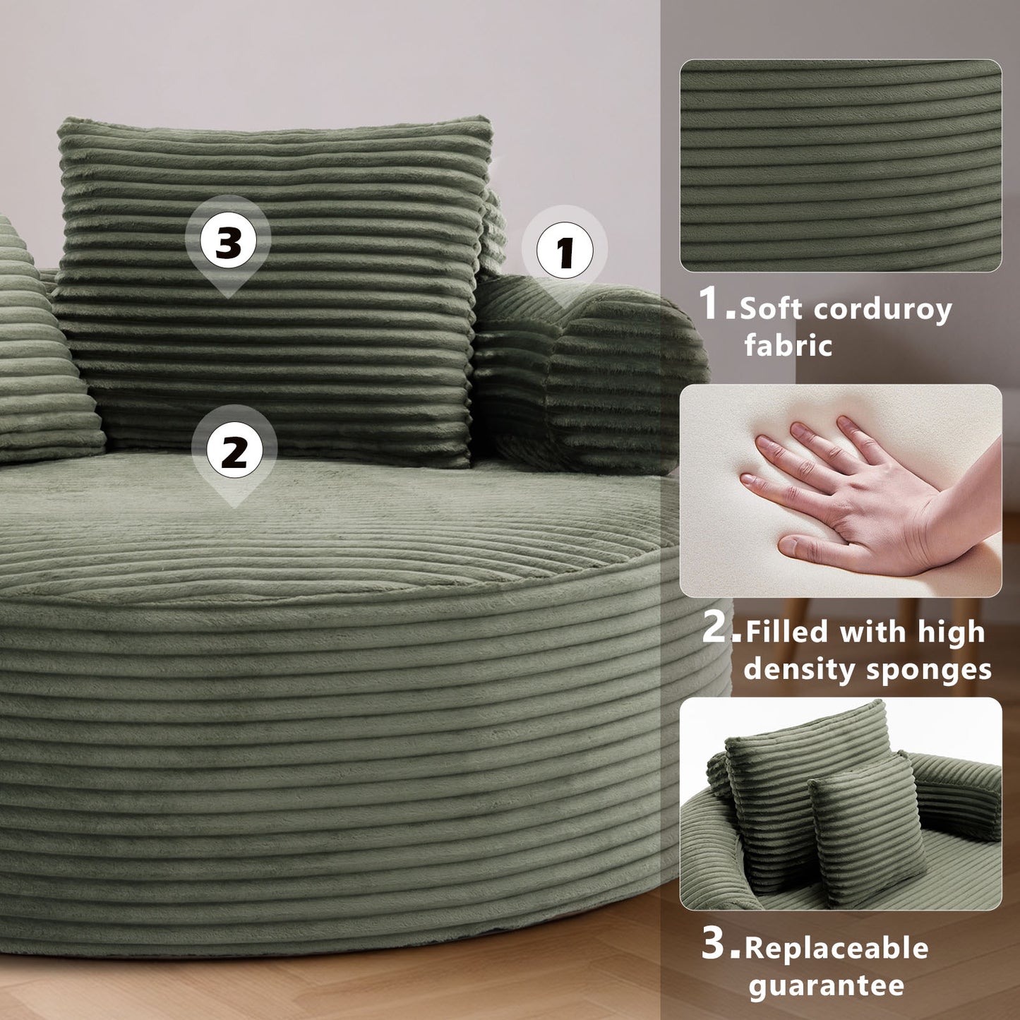 Velvet Spring-Core Compression Accent Chair — 1-Seat, 56"W — Green