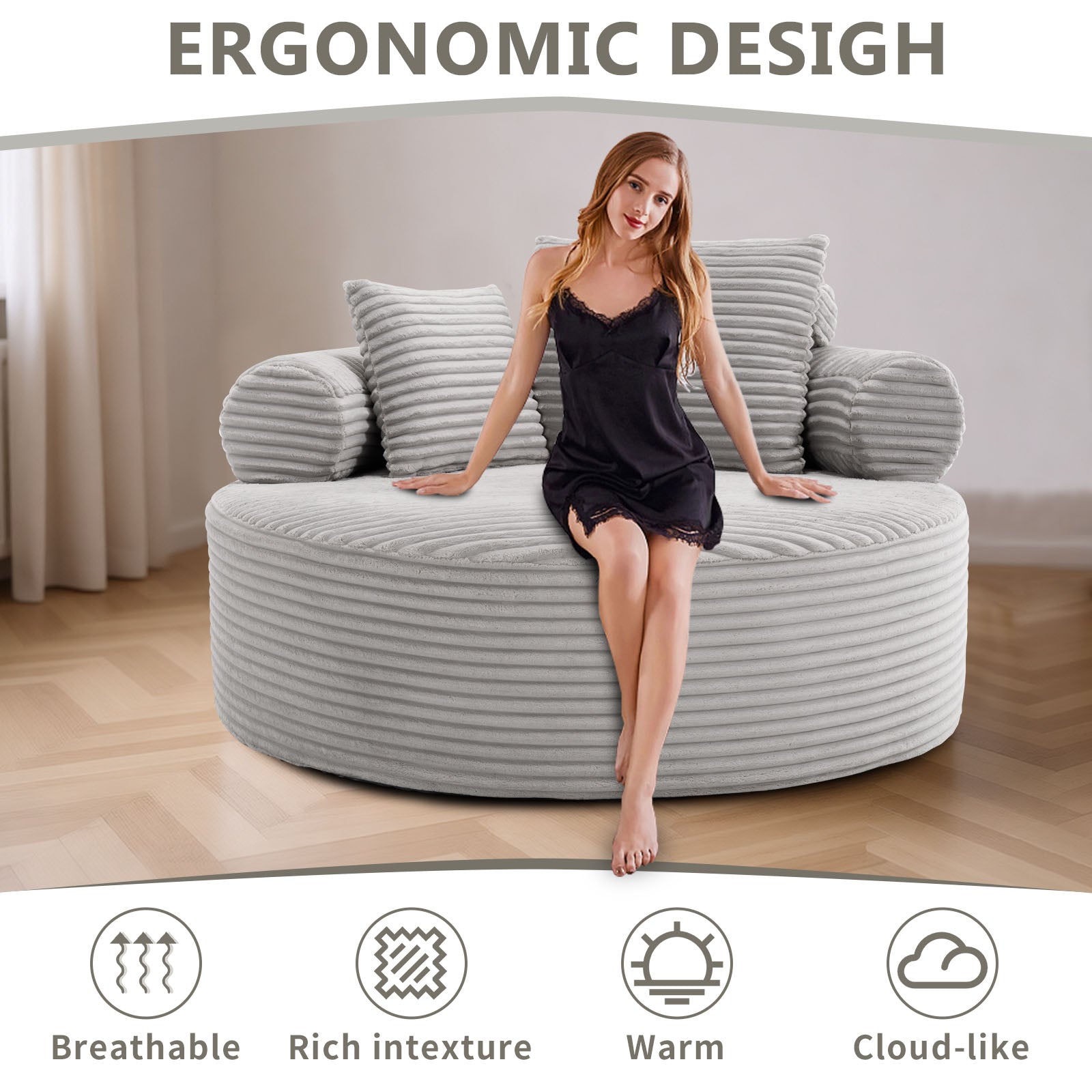 Velvet Spring-Core Compression Accent Chair — 1-Seat, 56"W — Grey