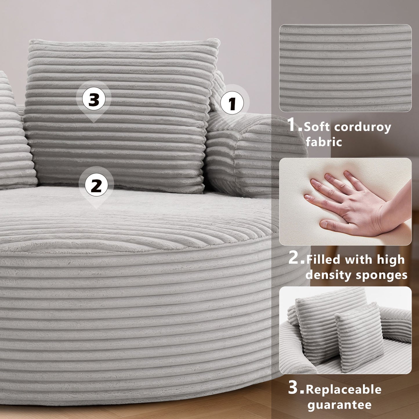 Velvet Spring-Core Compression Accent Chair — 1-Seat, 56"W — Grey