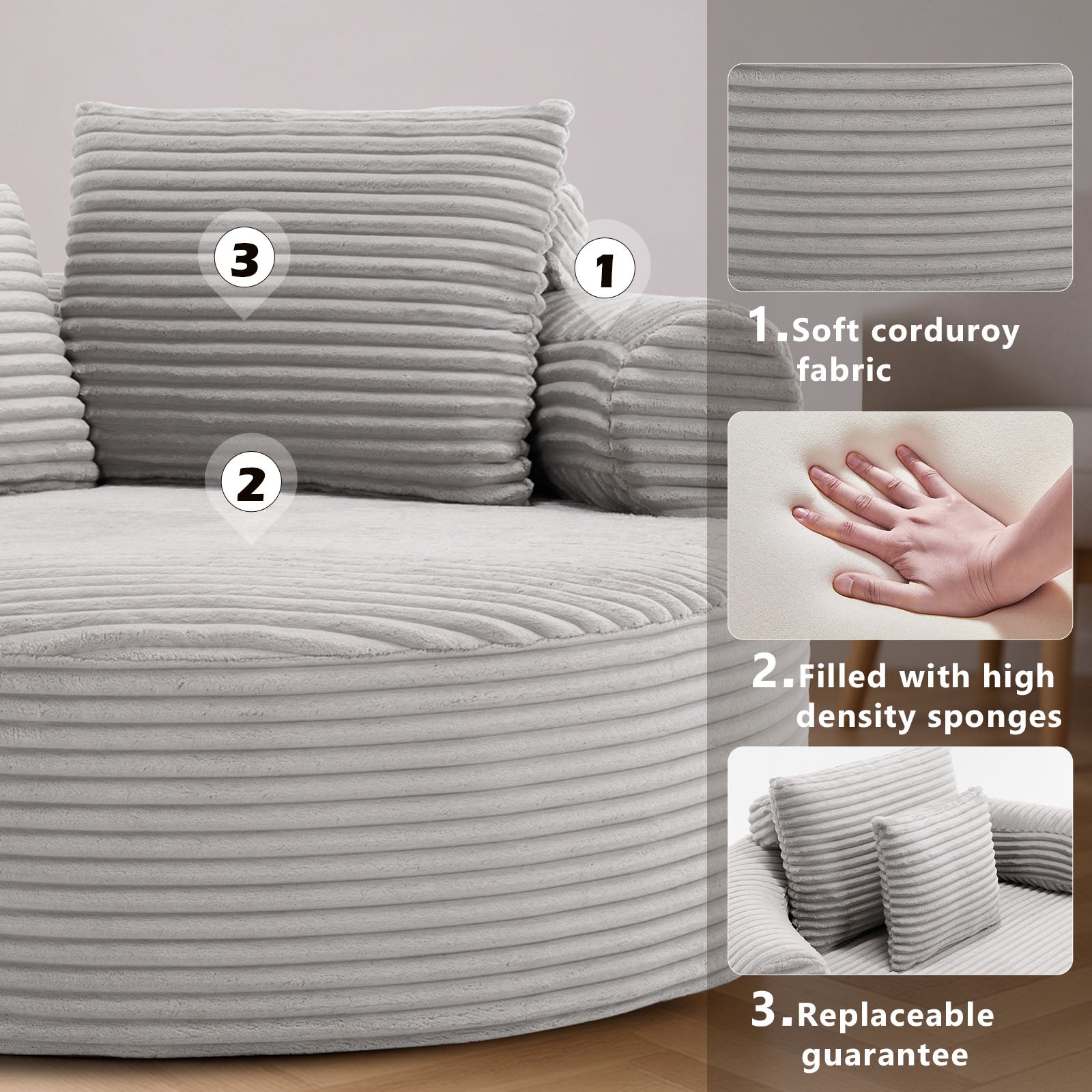 Velvet Spring-Core Compression Accent Chair — 1-Seat, 56"W — Grey