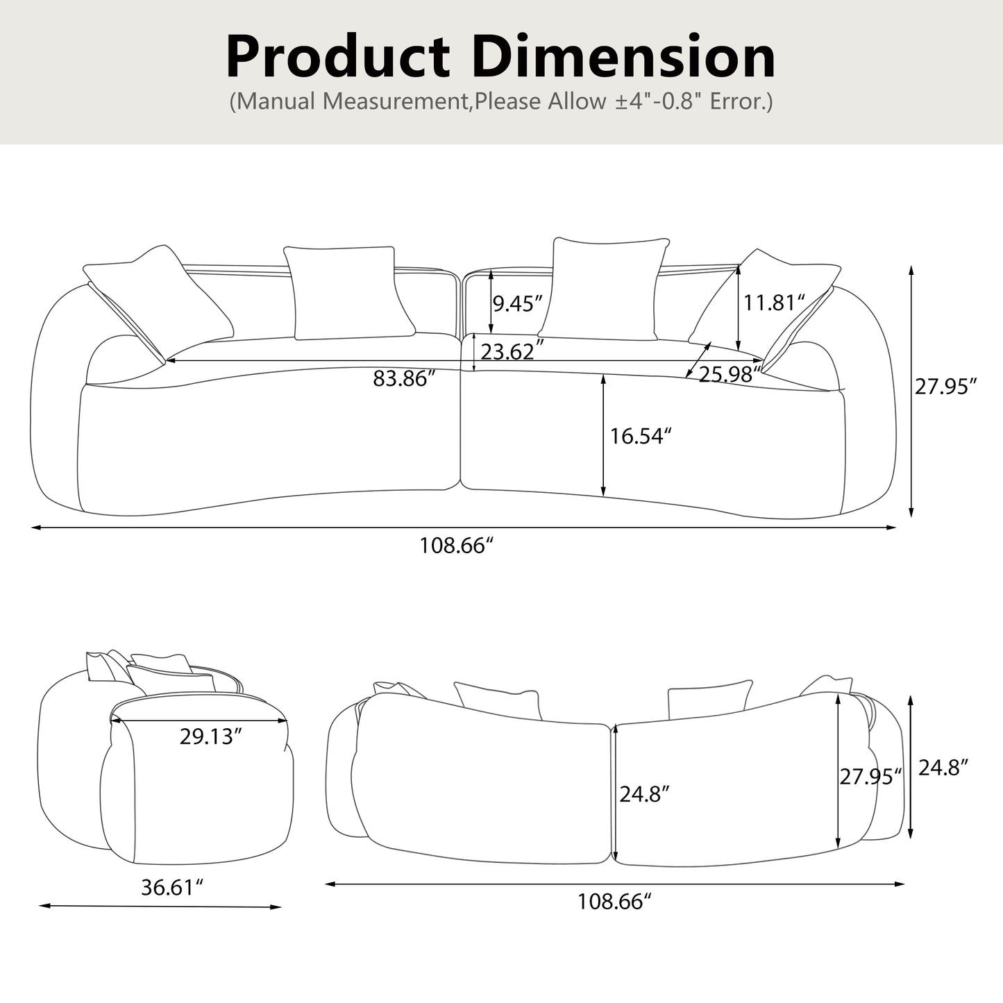 Chenille Spring-Core Compression Sofa — 4-Seat, 109"W — dimensions