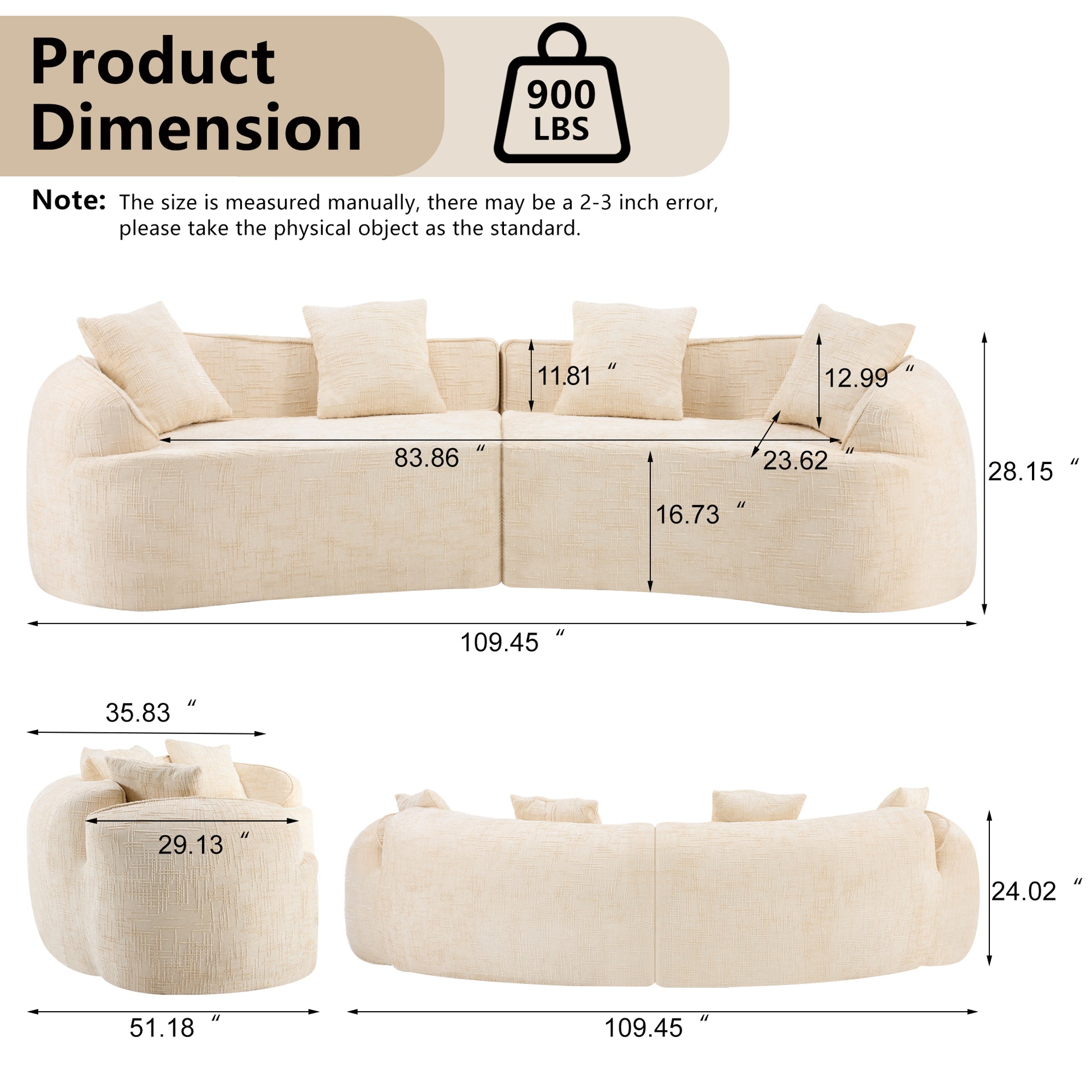 Chenille Spring-Core Compression Sofa — 4-Seat, 109"W — Beige