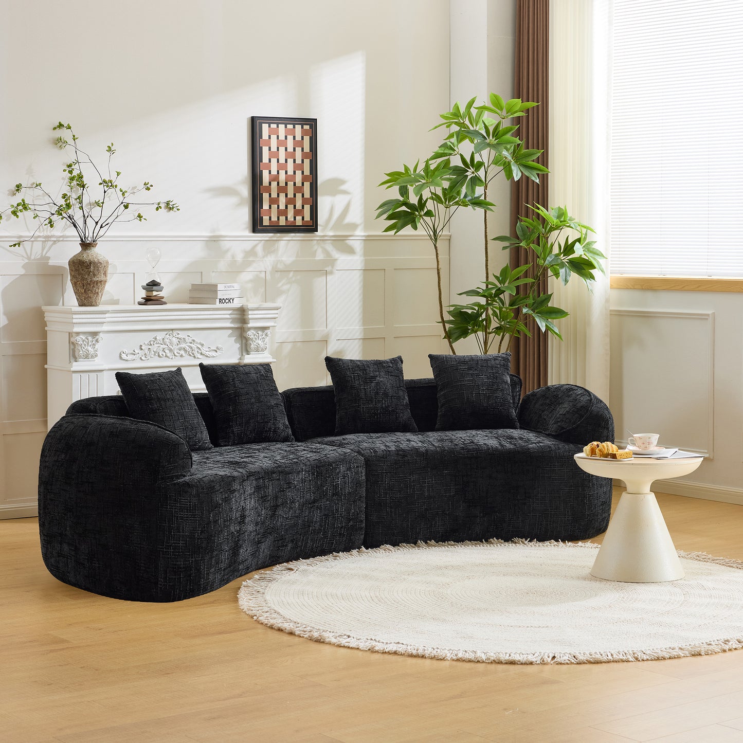 Chenille Spring-Core Compression Sofa — 4-Seat, 109"W — Black