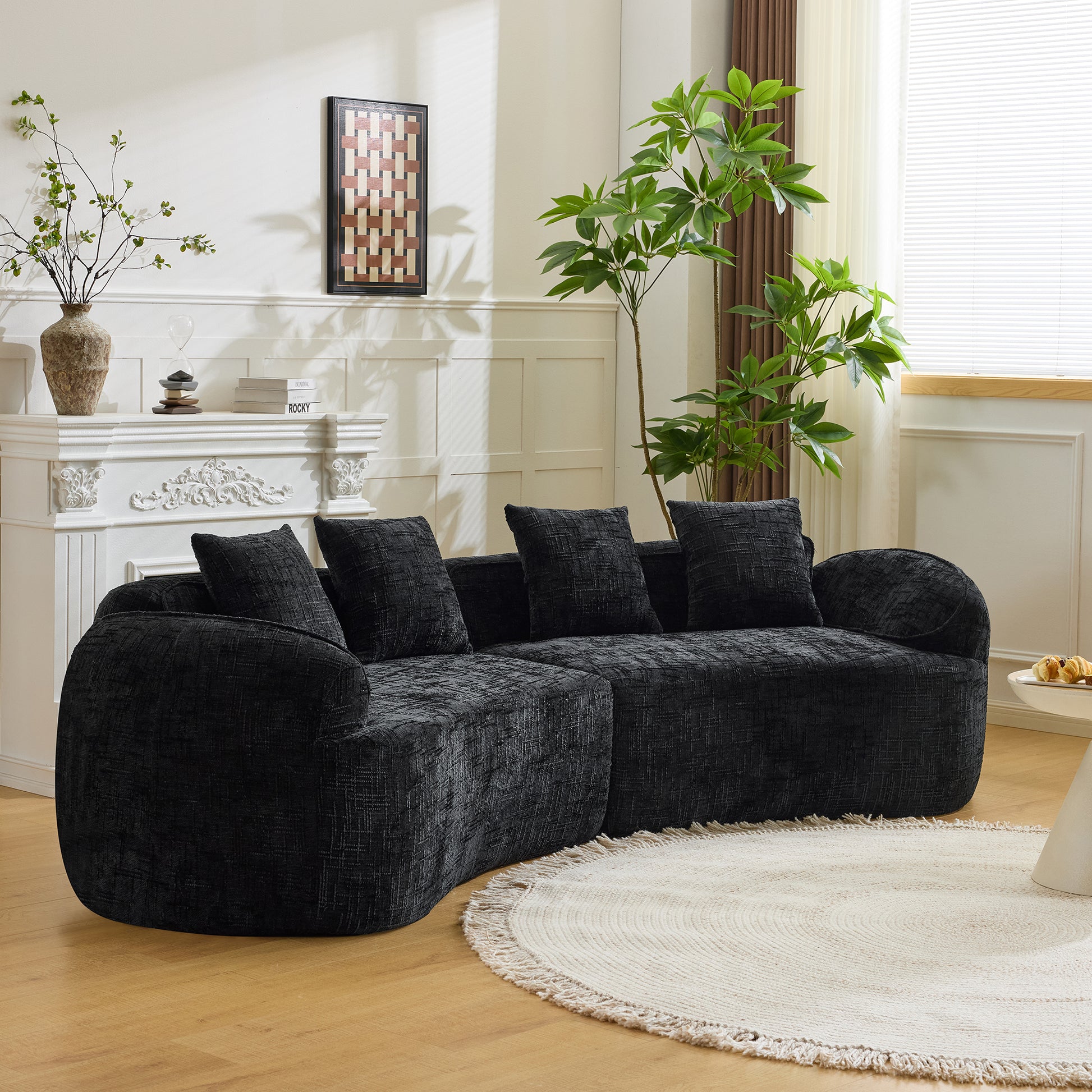 Chenille Spring-Core Compression Sofa — 4-Seat, 109"W — Black